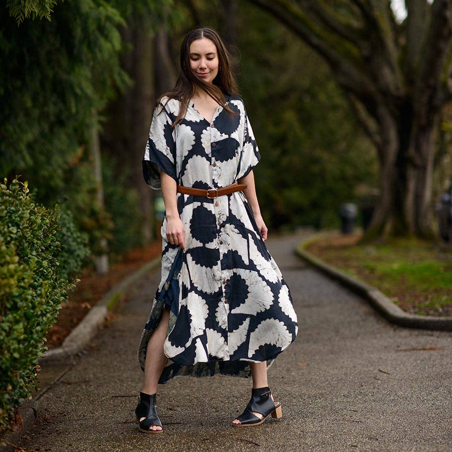 Block print dress Black Silky luxurious soft long - Sunset