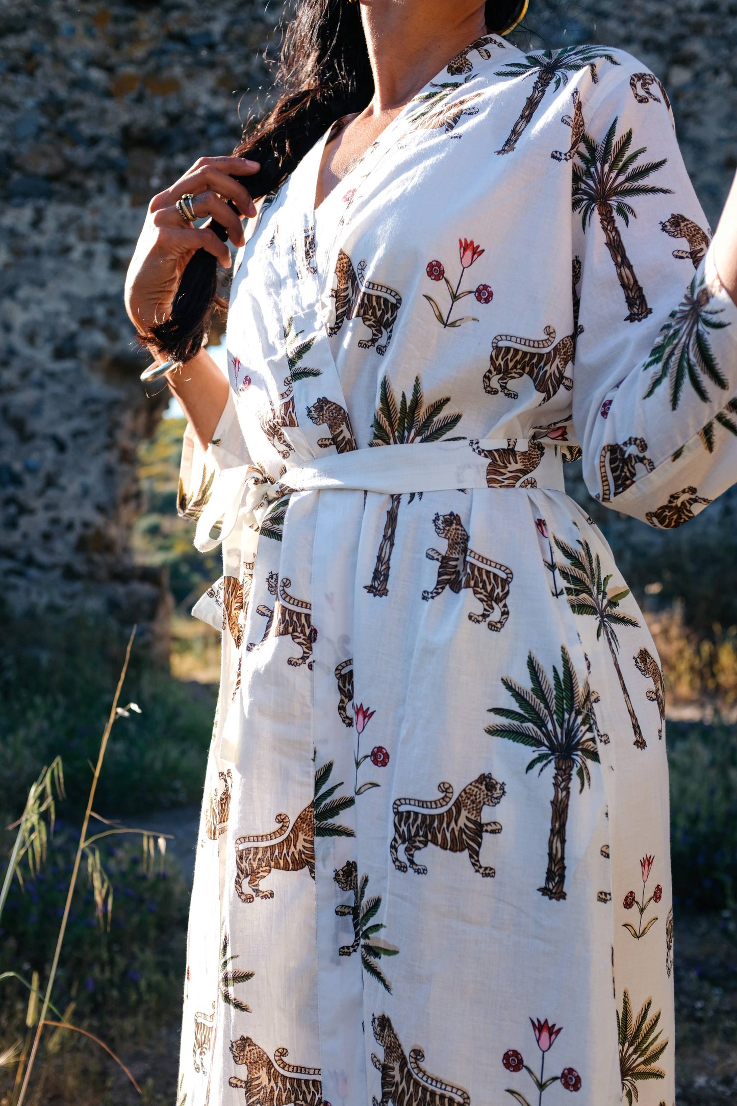 Cotton Block Print Robe ~ Tiger & Palm
