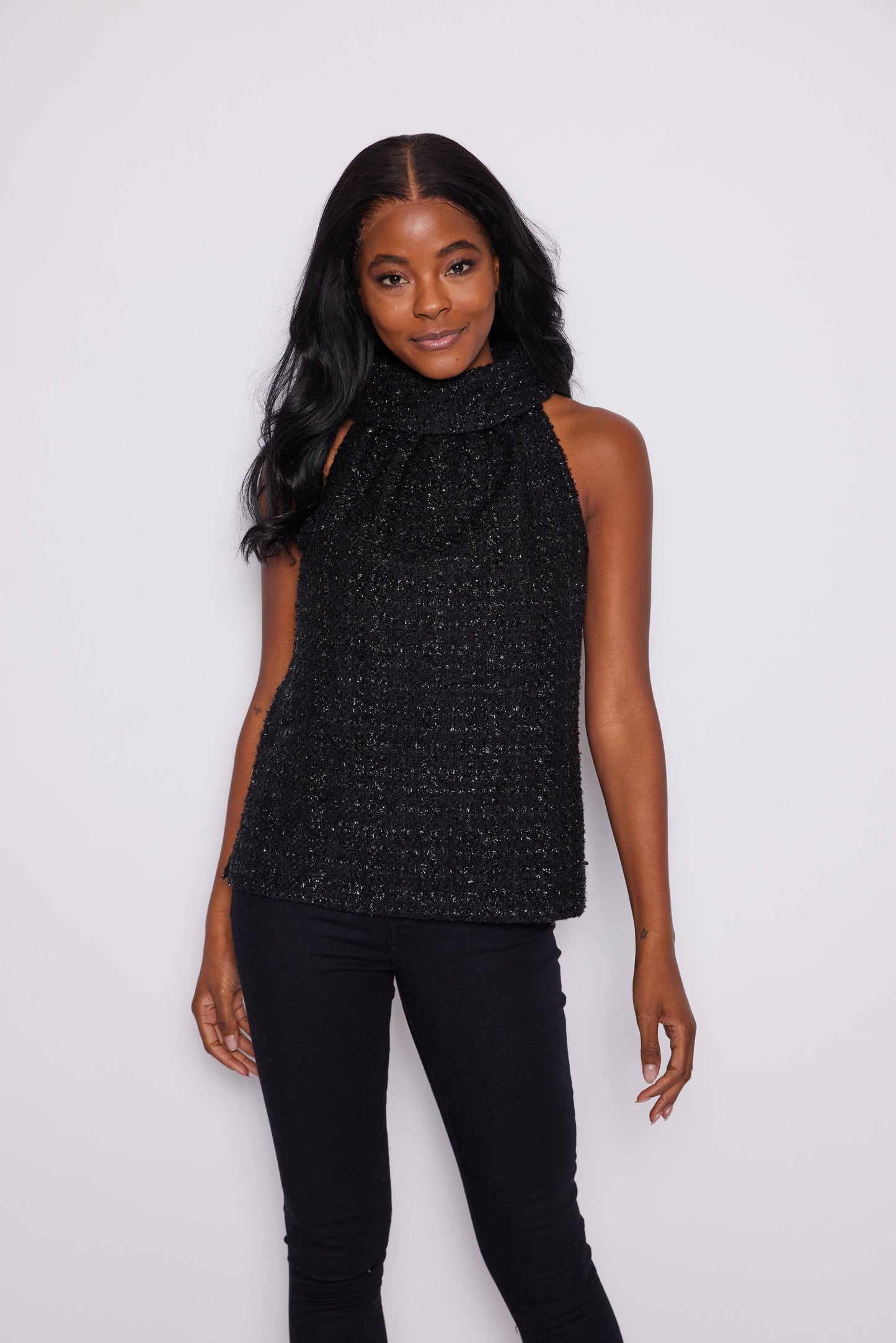 Black Sparkle Tweed Cowl Neck Top