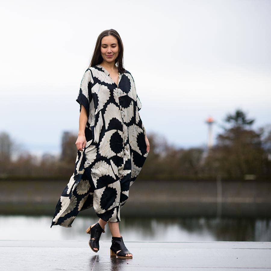 Block print dress Black Silky luxurious soft long - Sunset