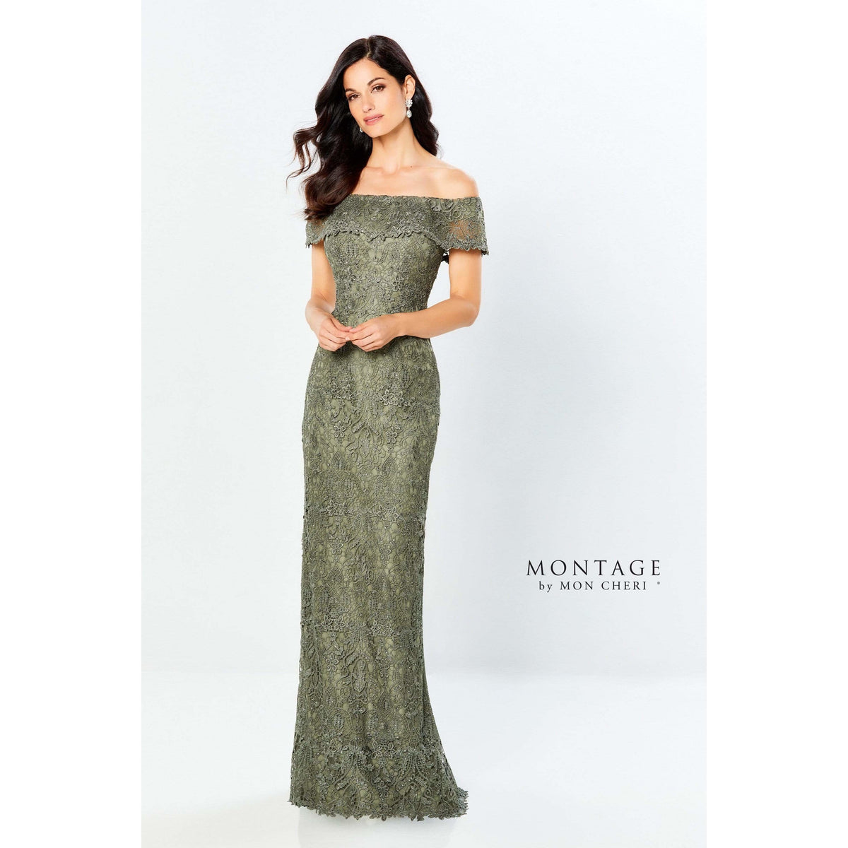 Montage by Mon Cheri 220947 Olive Green lace gown front