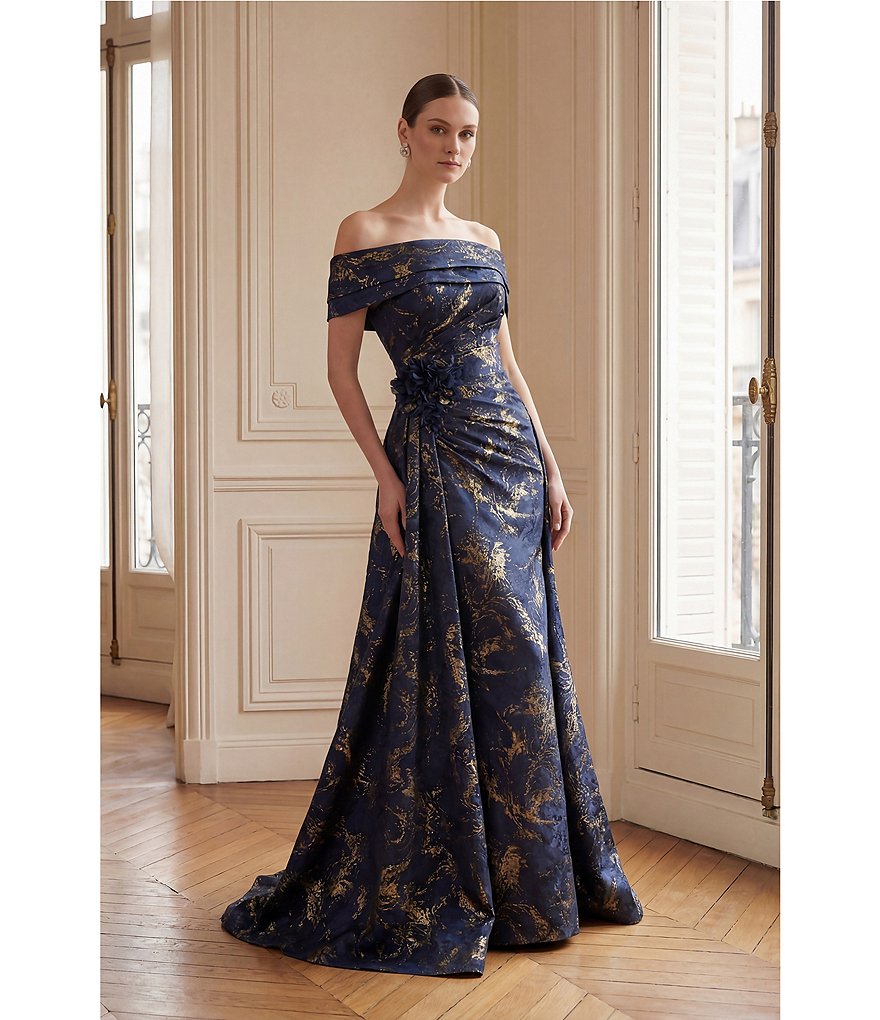 Terani Couture 261M6444 Navy Gold off-shoulder jacquard gown front