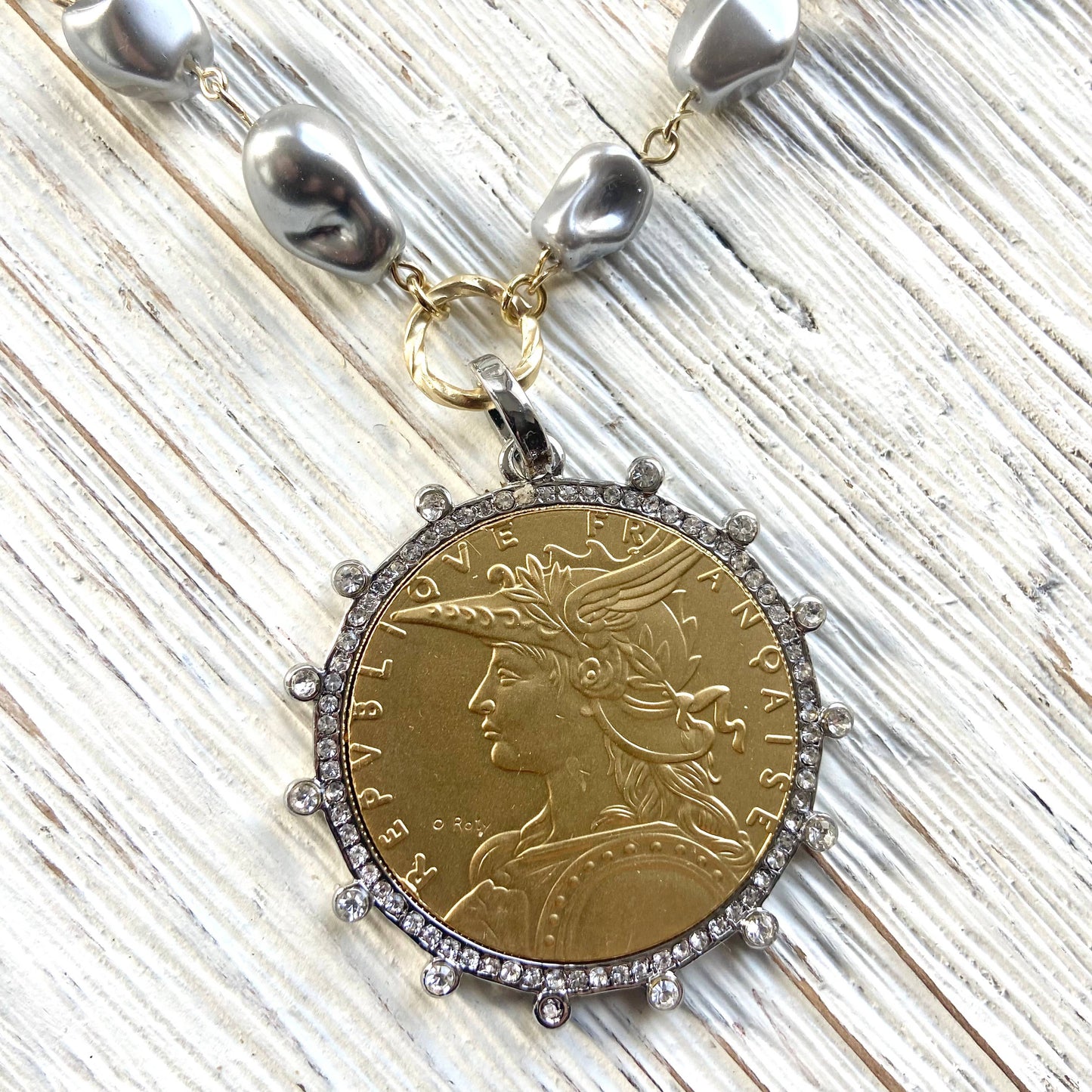 French coin necklace vintage style boutique jewelry salon 