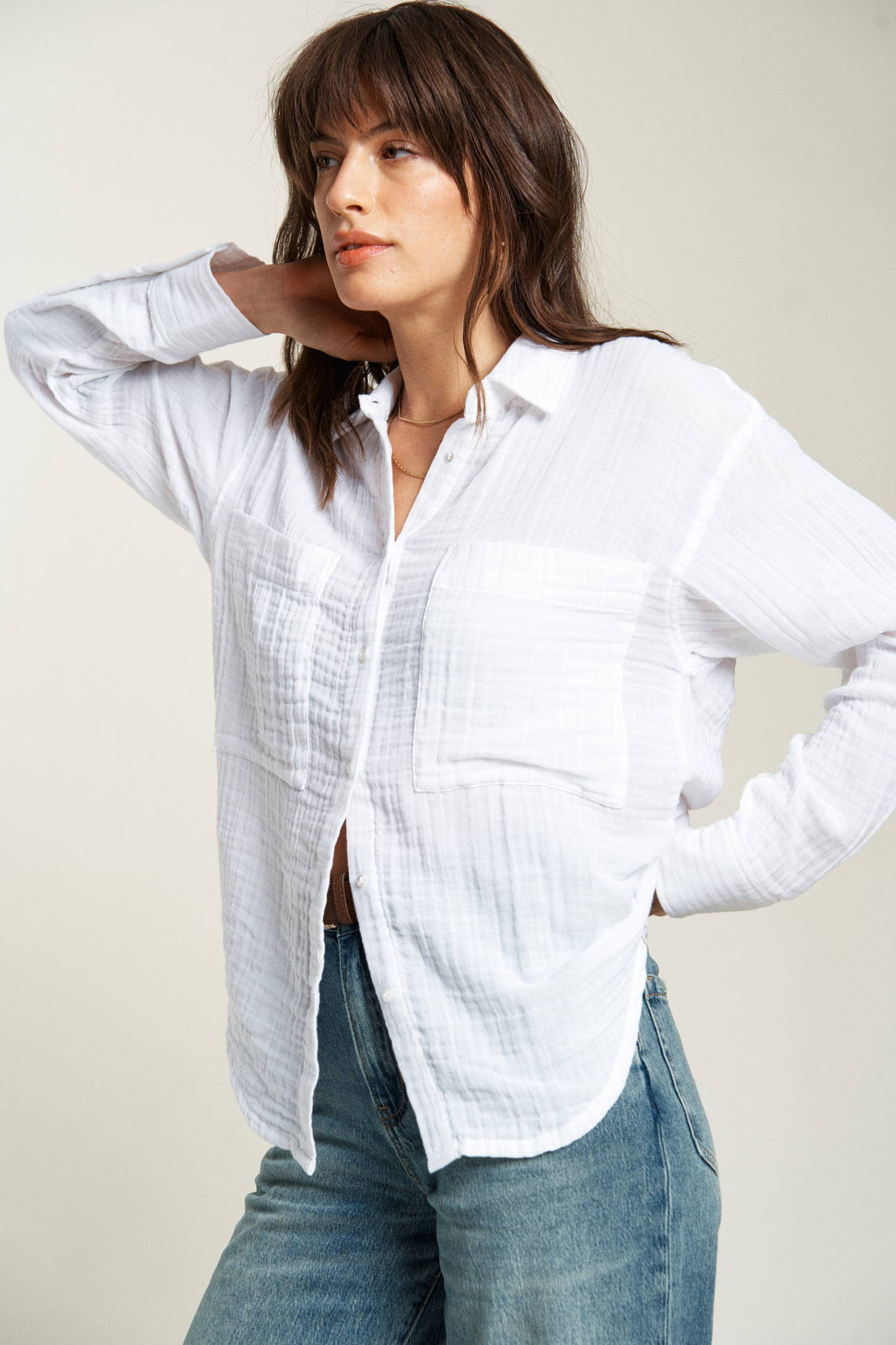 Pierre Button-Up Gauze Shirt, Cloudscape