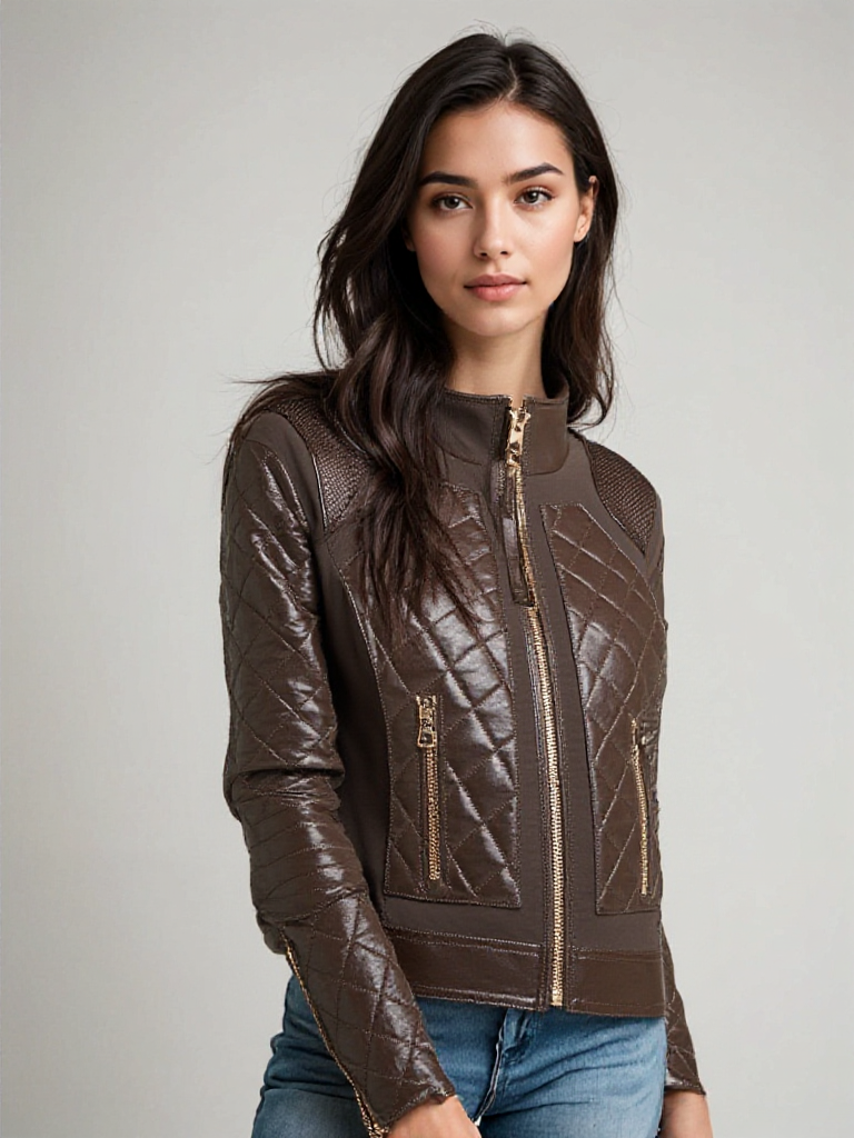 Leather Moto Mesh Jacket - Brown/Gold Trims