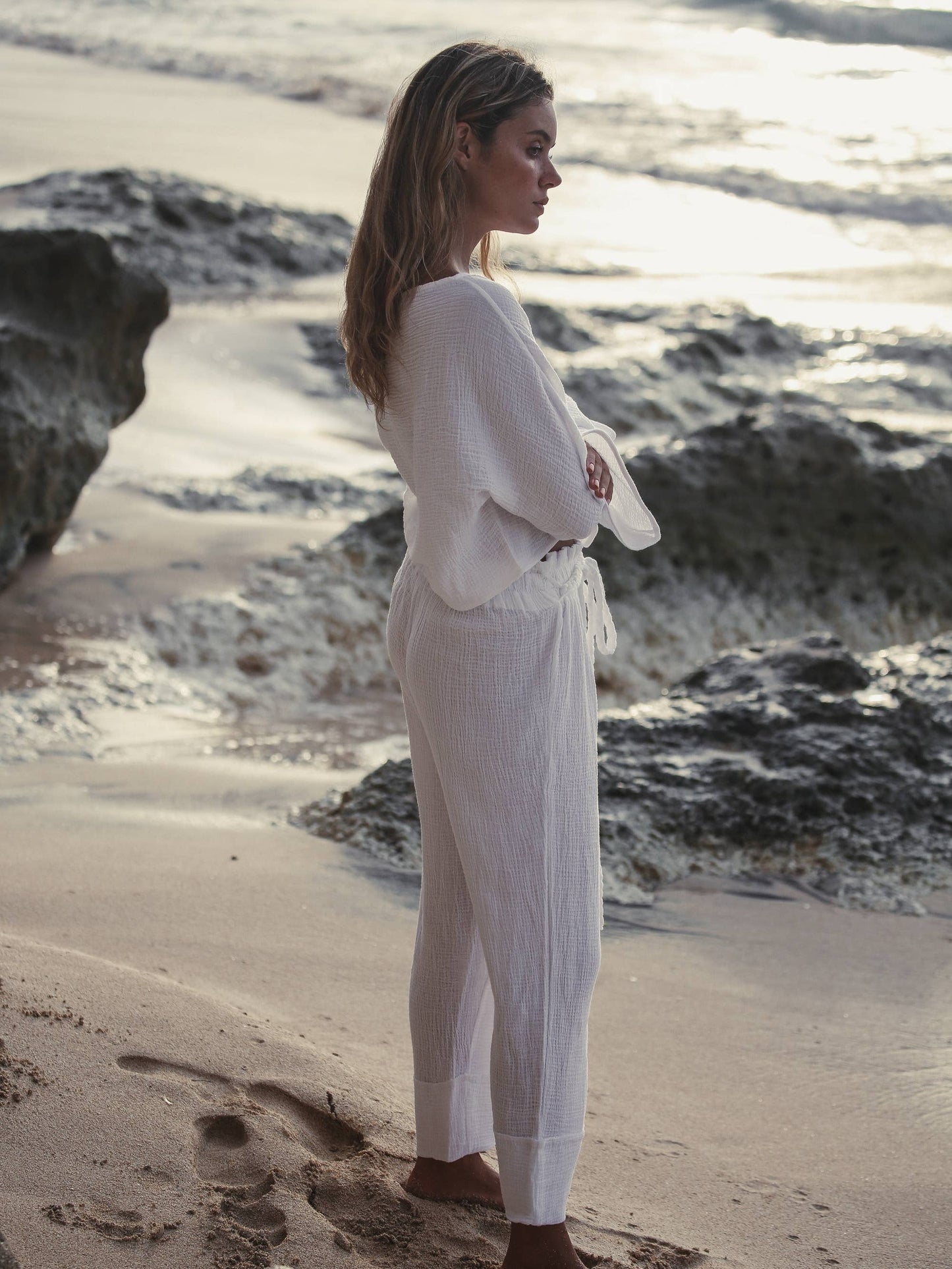 Paloma Paper Bag Pants - White | 100% Turkish Cotton Bohemia