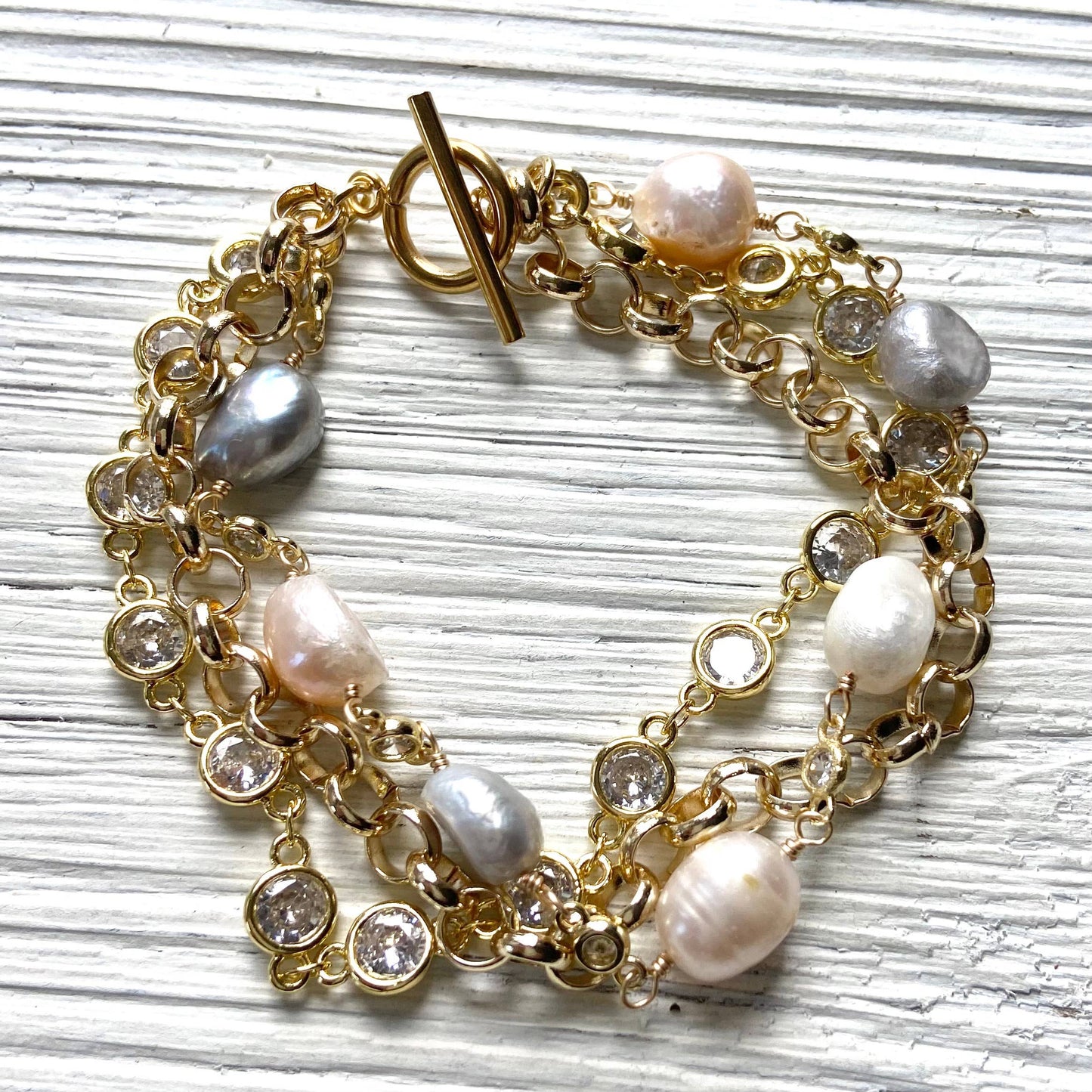 Triple strand baroque pearl & crystal -golden blush luxe 