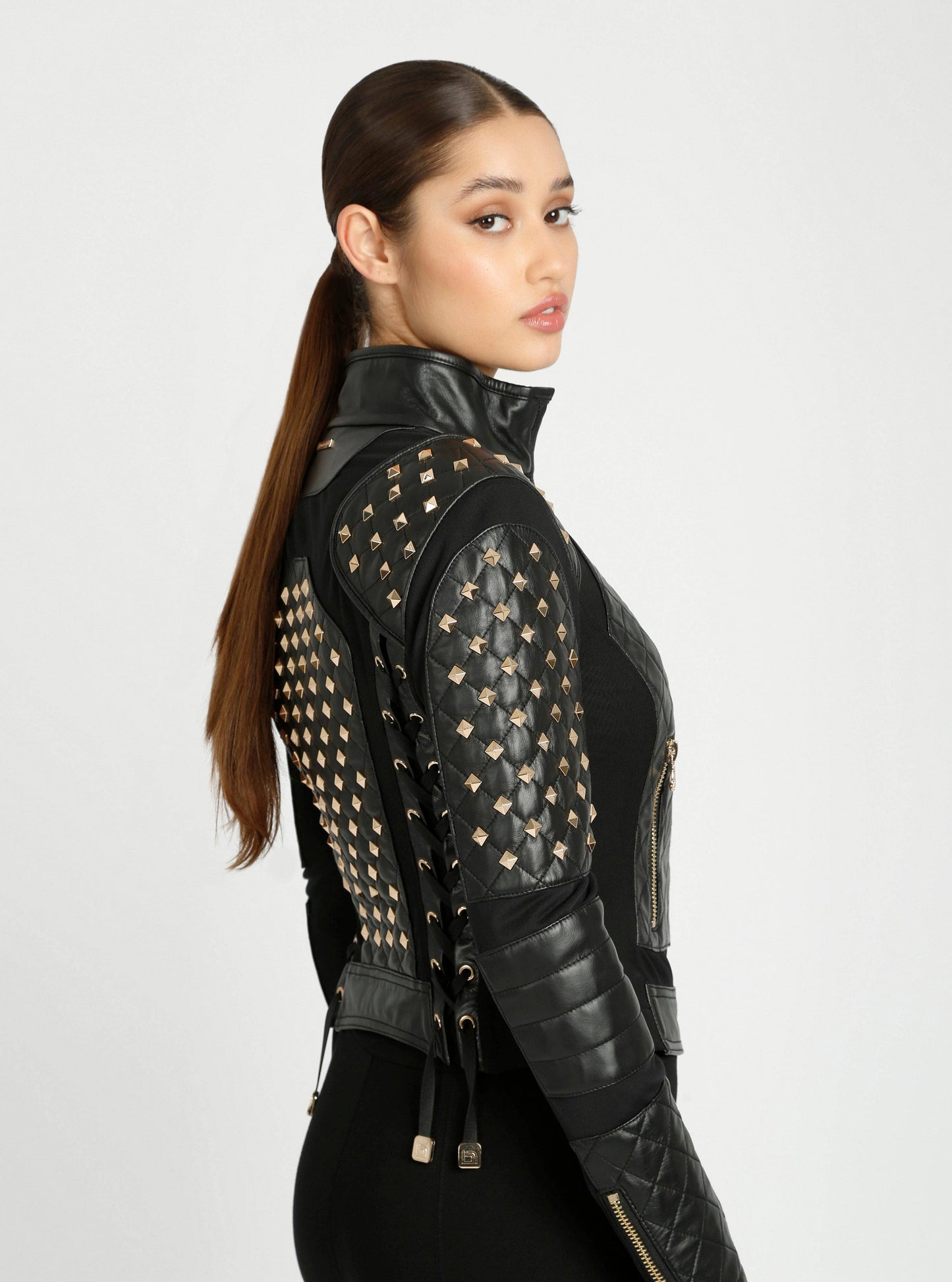 Pyramid Stud Mesh Genuine Leather Moto Jacket