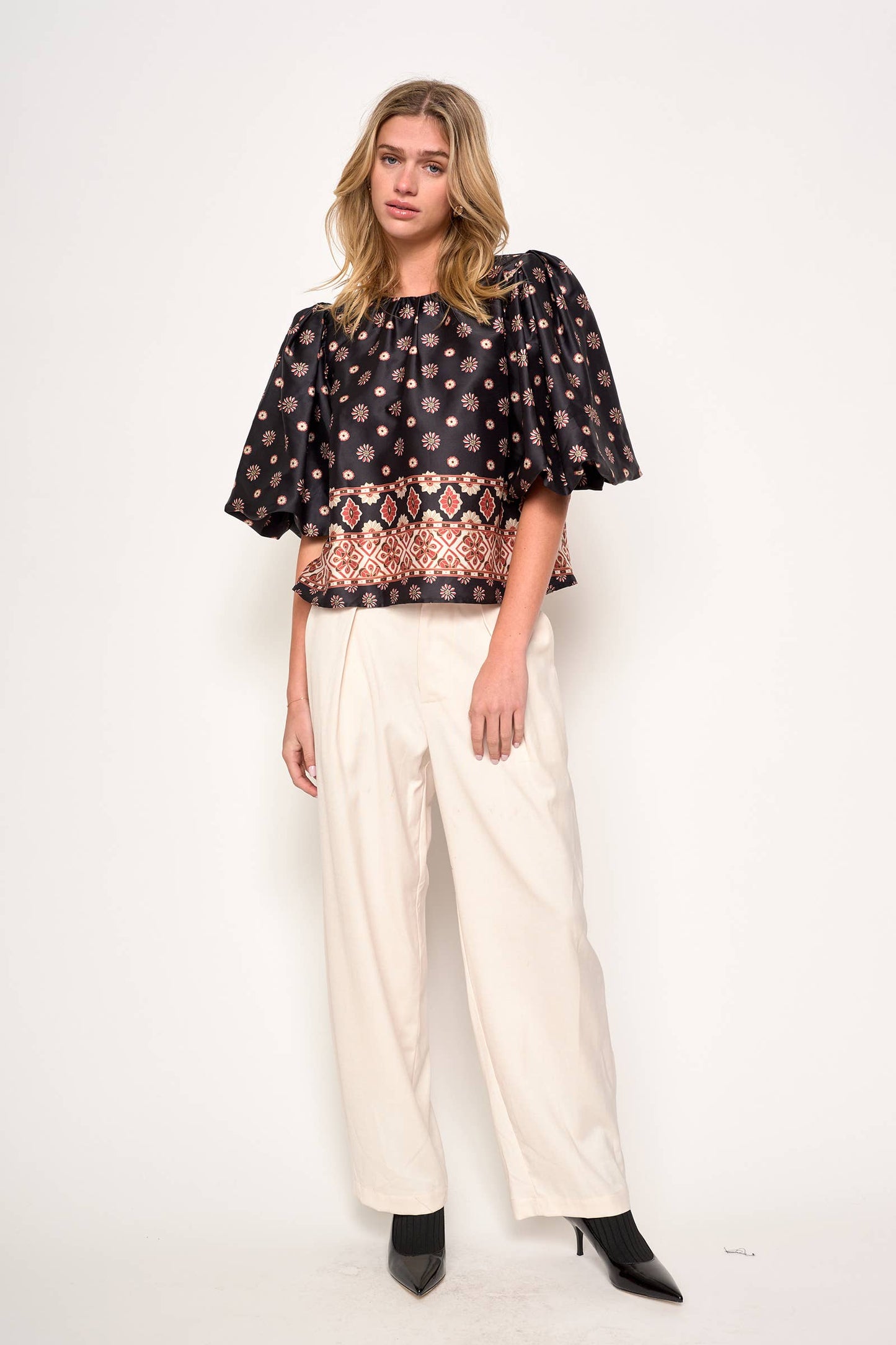 MINORI PRINTED PUFF SLEEVE BLOUSE TOP