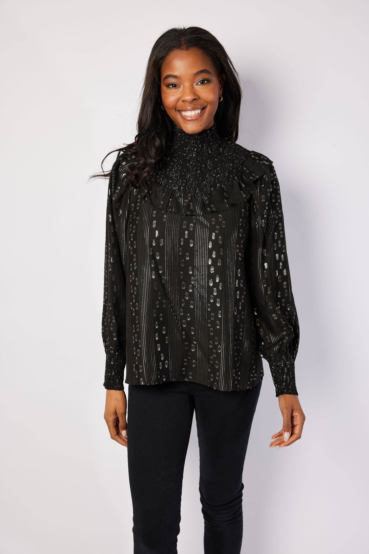 Black & Gold Lurex Smocked Neck Top