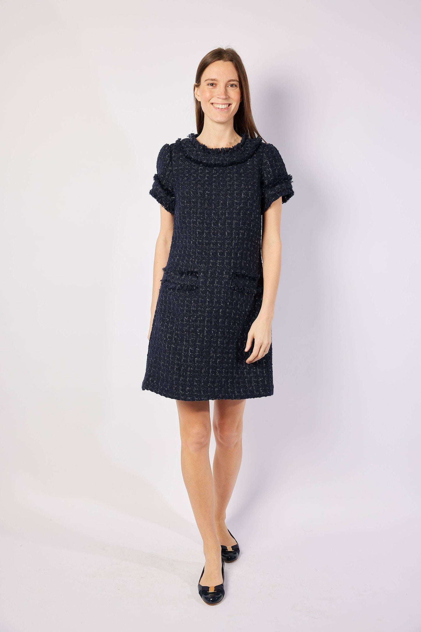 Navy Metallic Tweed Short Sleeve Shift Dress