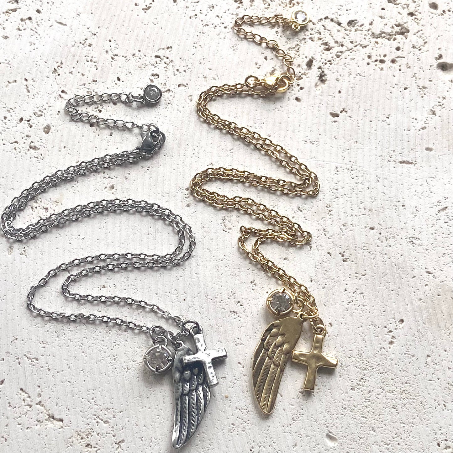 Angel wing cross crystal cluster necklace handmade jewelry 