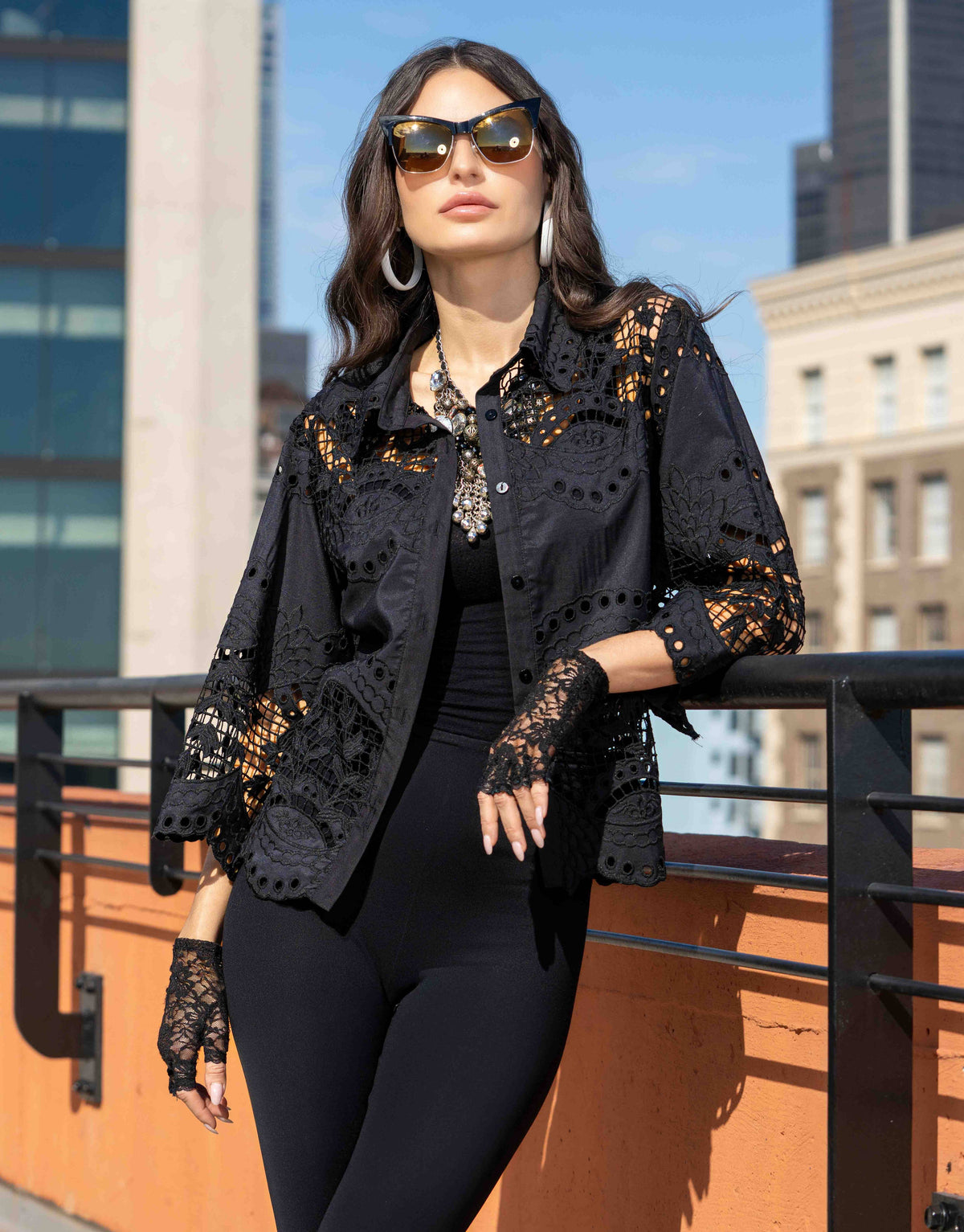 Embroidered Lace Button-Down Blouse
