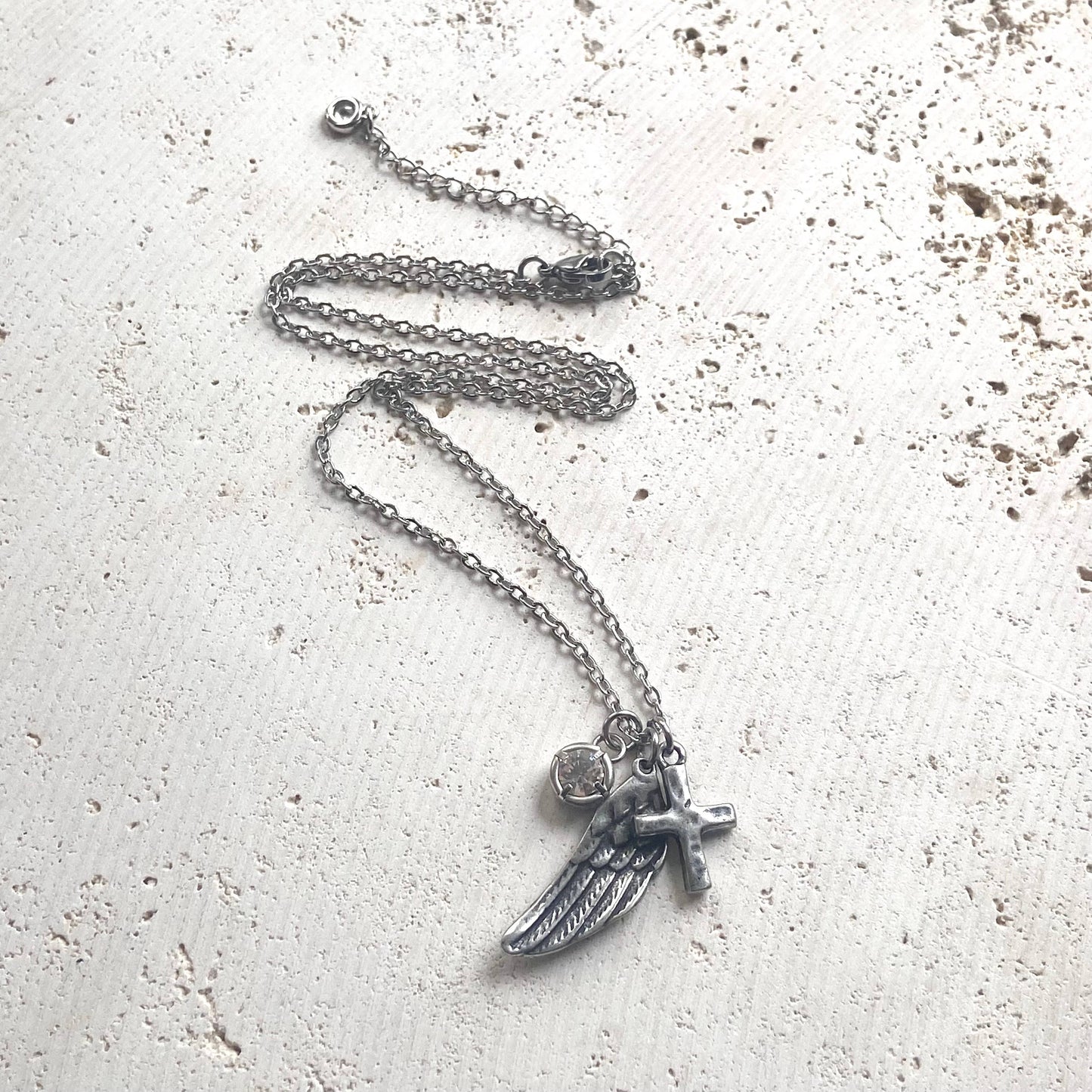 Angel wing cross crystal cluster necklace handmade jewelry 