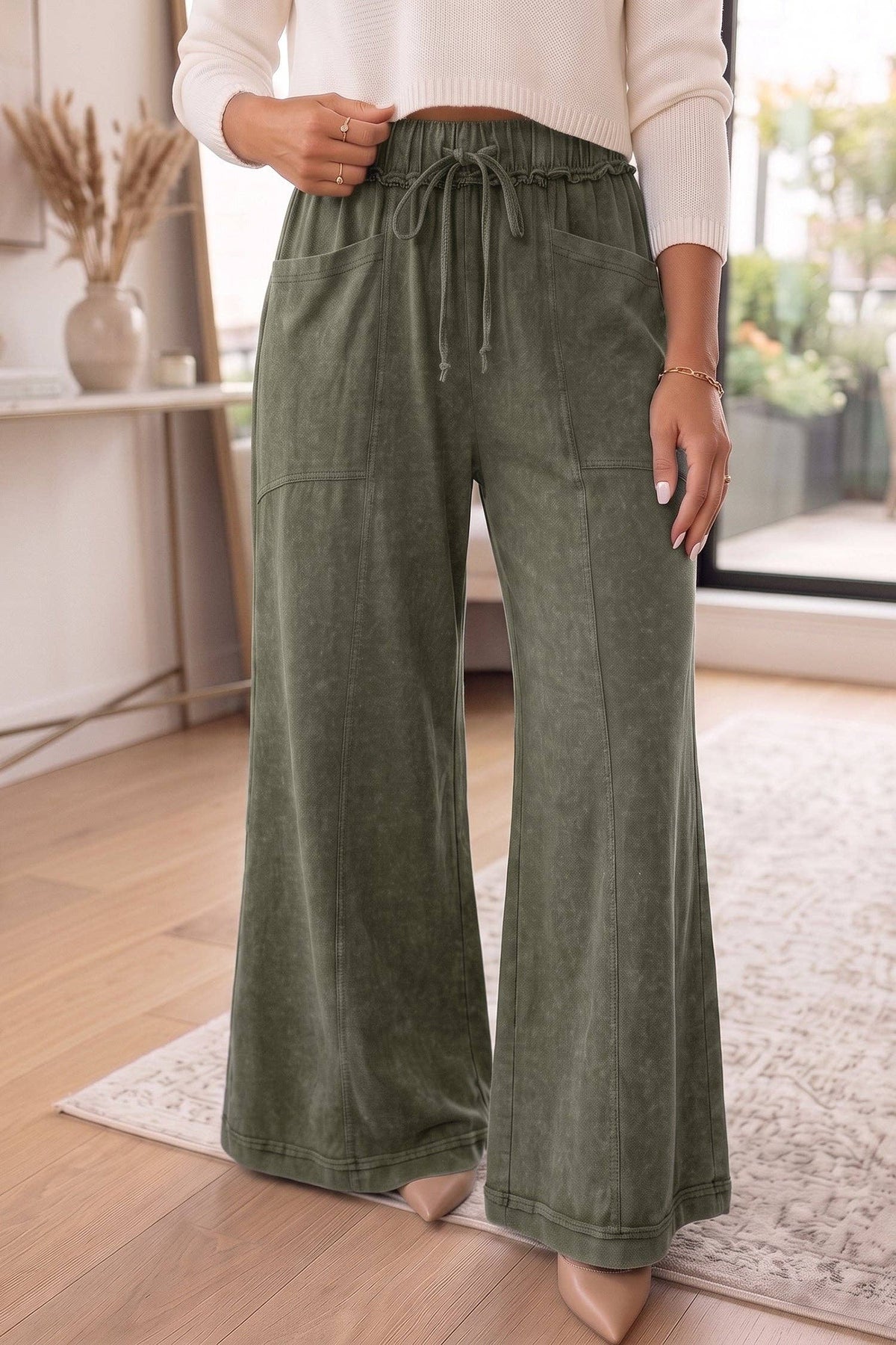 Jungle Green Mineral Wash Flare Pants | Drawstring Cotton Pa