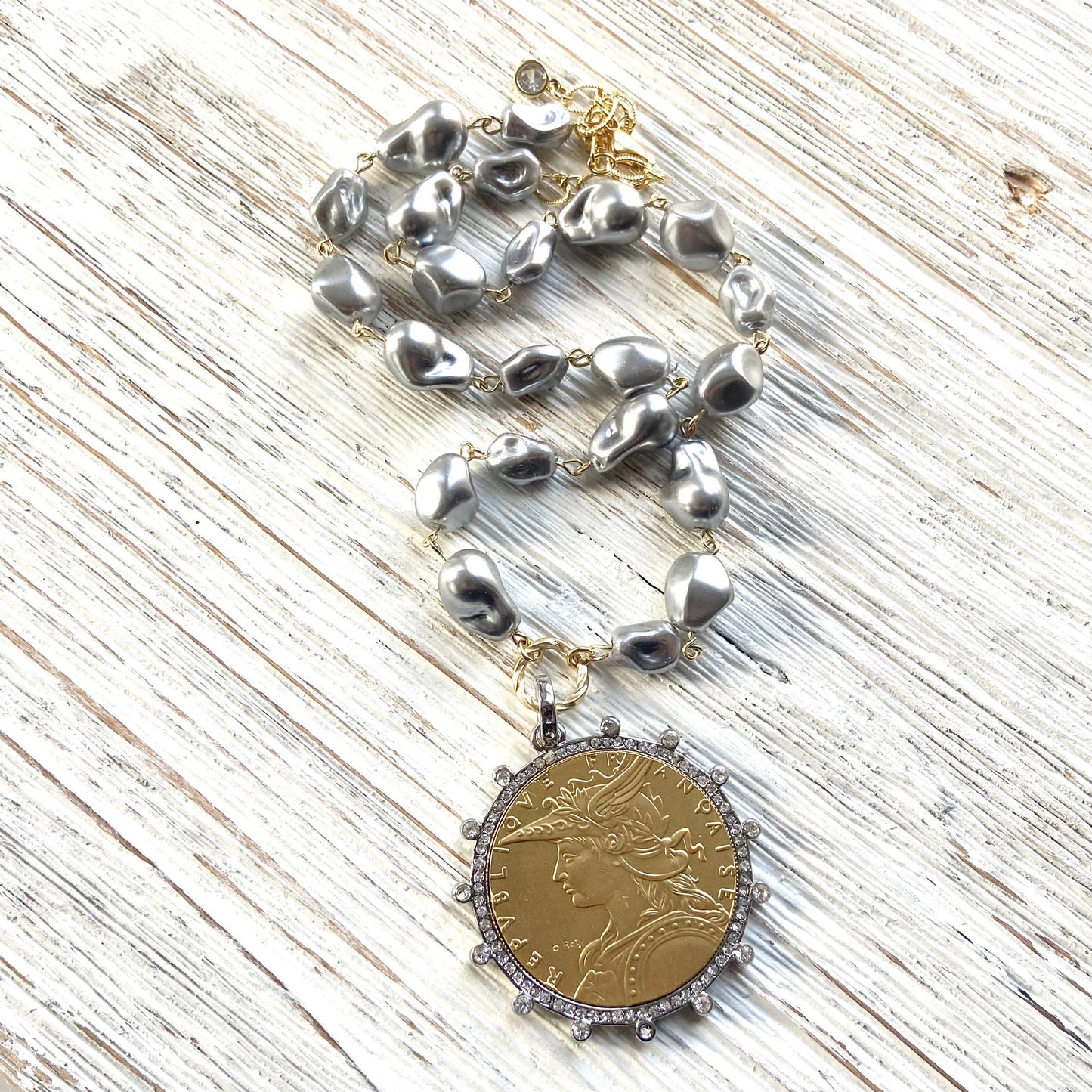 French coin necklace vintage style boutique jewelry salon 