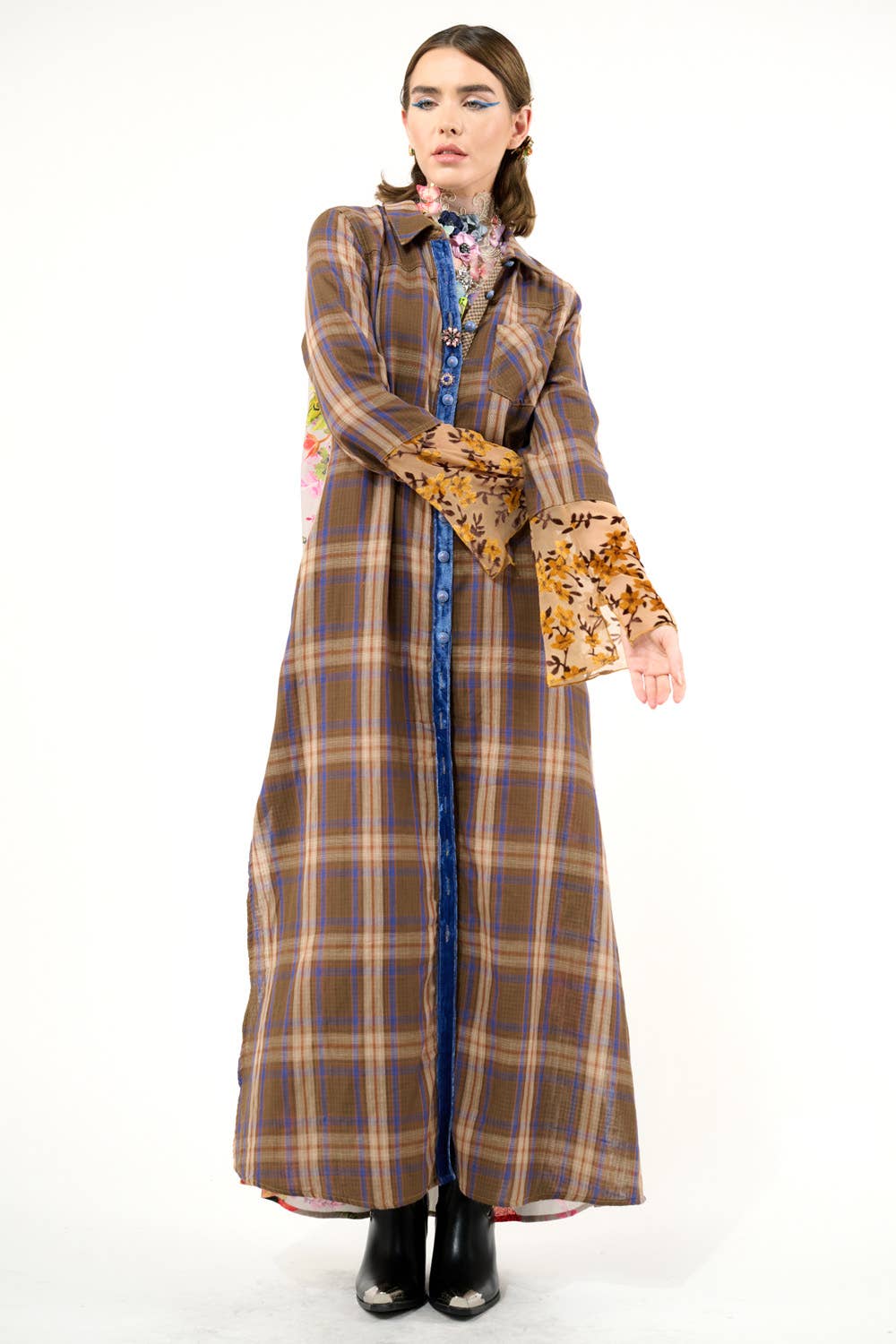 Anna Button Up Shirt Dress | Plaid Maxi | Peacock Print