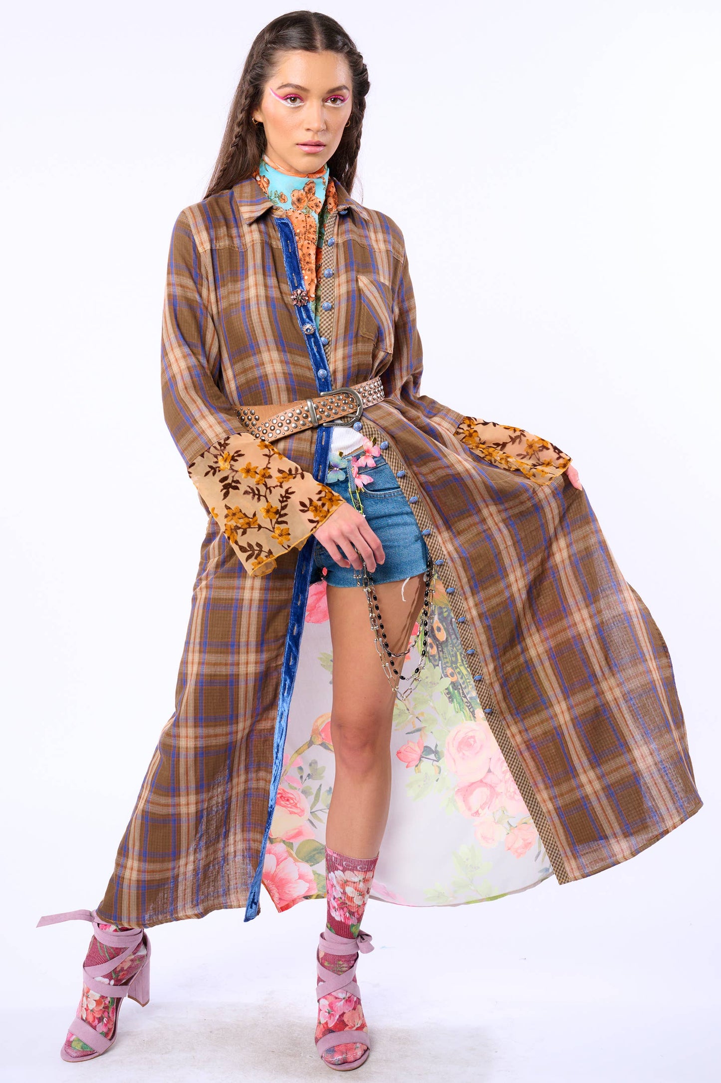 Anna Button Up Shirt Dress | Plaid Maxi | Peacock Print
