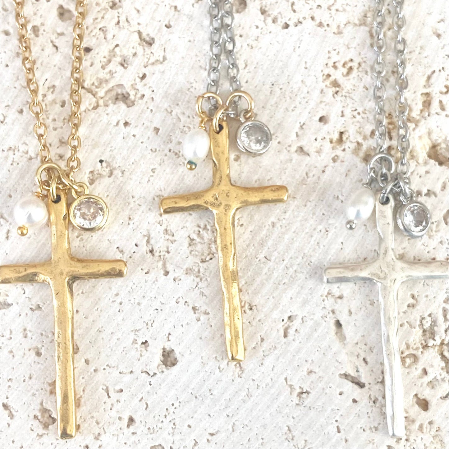 Cross necklace religious jewelry rustic pearl non tarnishing