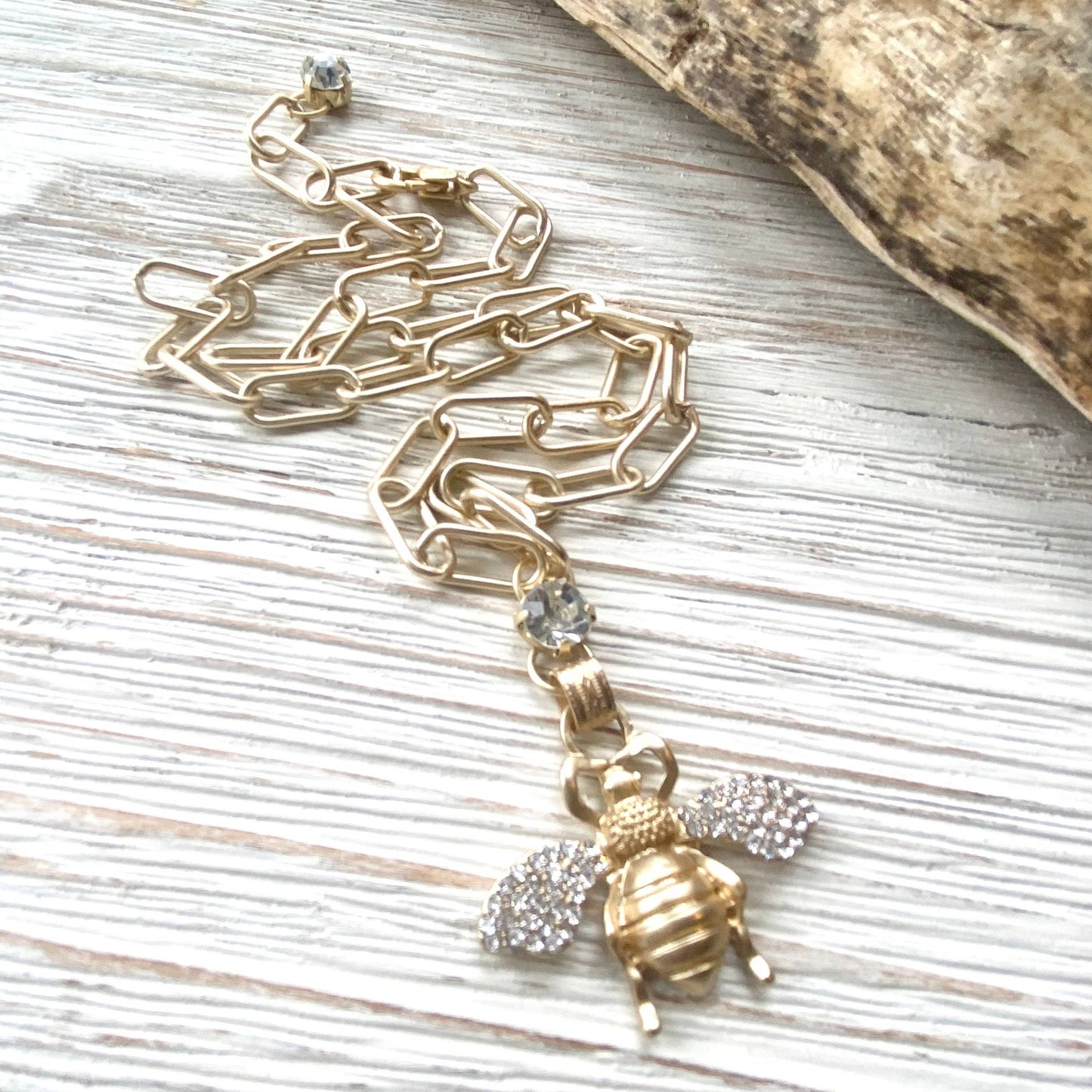 Bee Crystal Necklace - Matte Gold