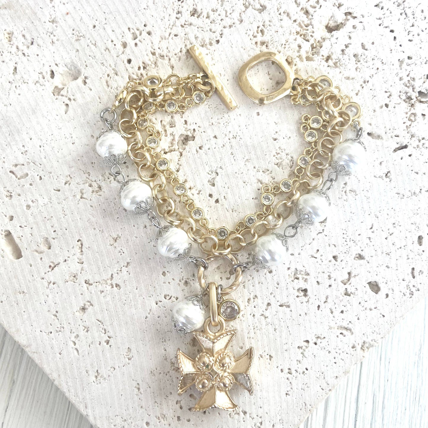 Triple layered pearl crystal bracelet vintage cross boutique
