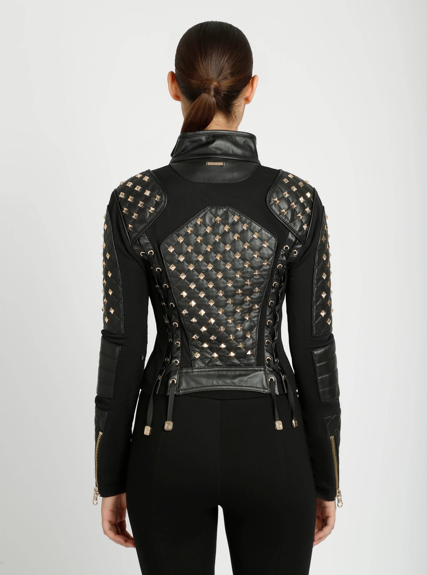 Pyramid Stud Mesh Genuine Leather Moto Jacket
