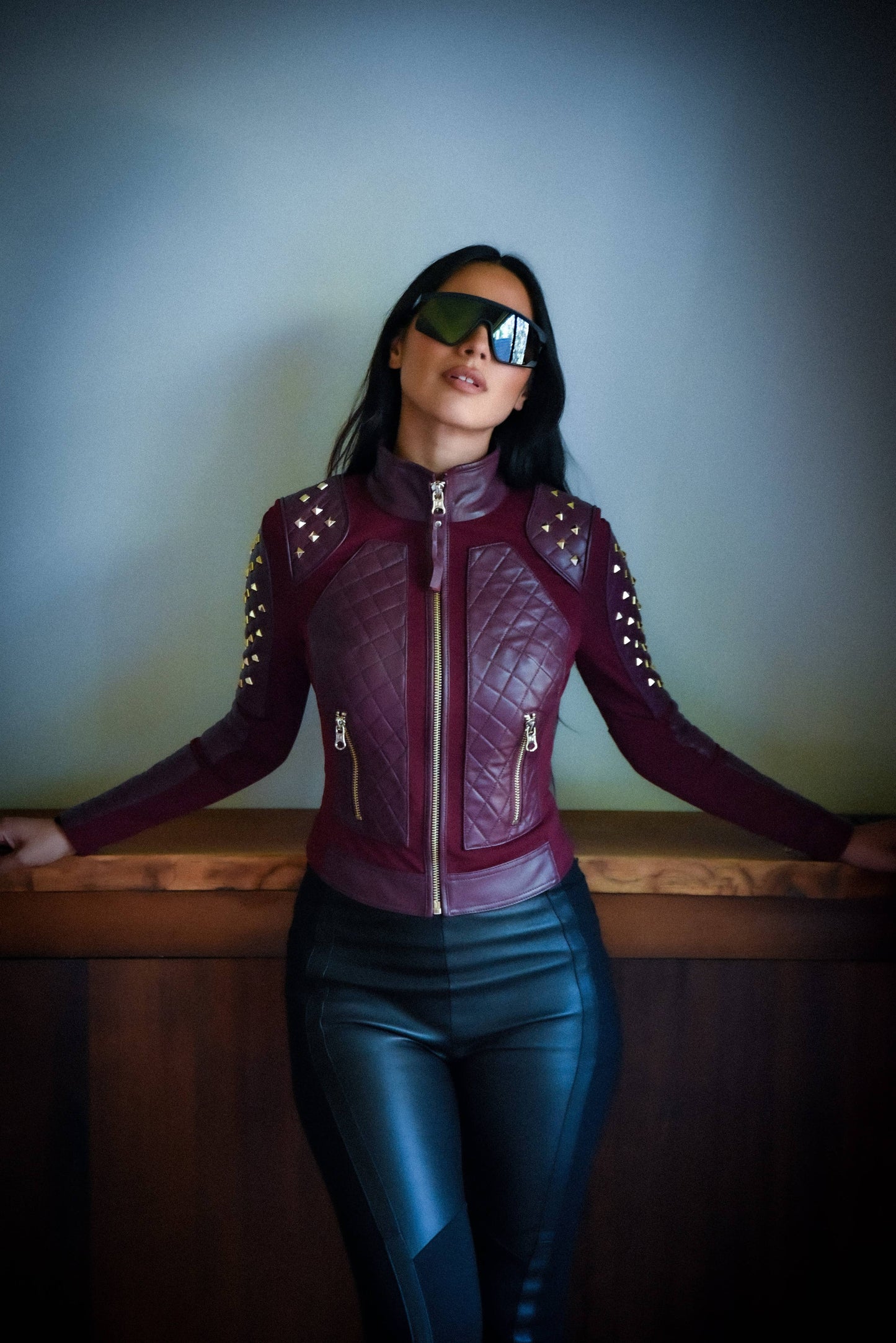Pyramid Stud Mesh Genuine Leather Moto Jacket