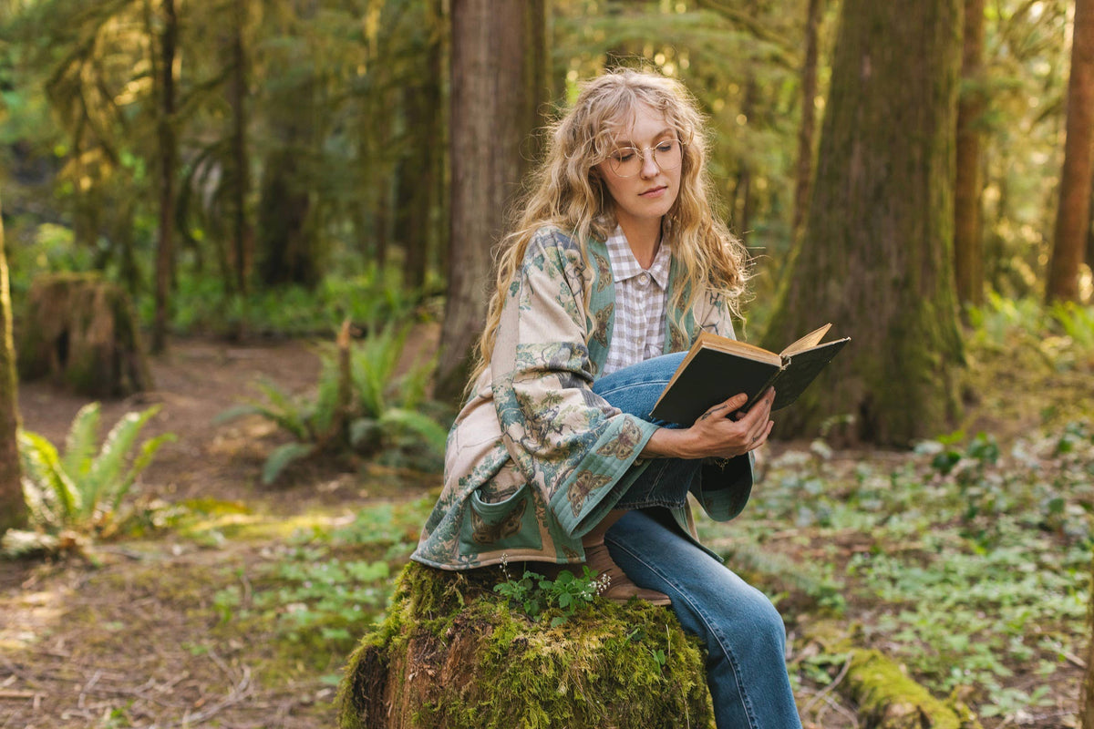 Earth & Sky Fleece Cottage Cardigan Kimono Jacket w/Trees