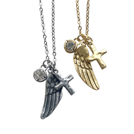 Angel wing cross crystal cluster necklace handmade jewelry 