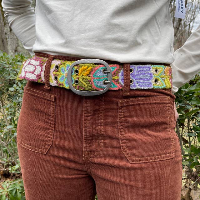 Folklorica Floral Embroidered Wool Belt, Olive