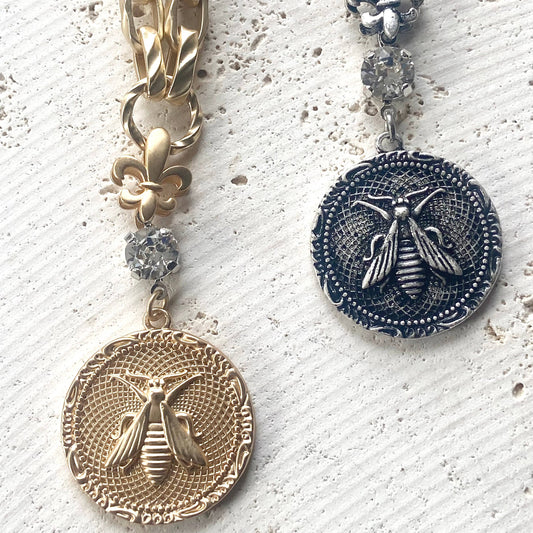 French bee coin necklace modern vintage jewelry boutique 