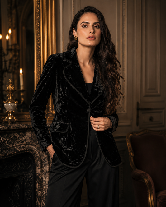 "Darling" Embroidered Velvet Blazer – Black Luxe