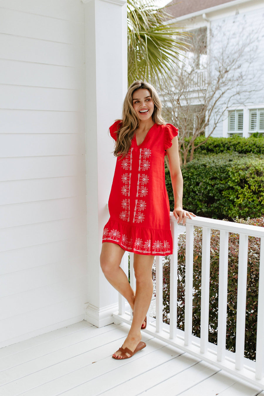 Red Flame V-Neck Ruffle Hem Dress