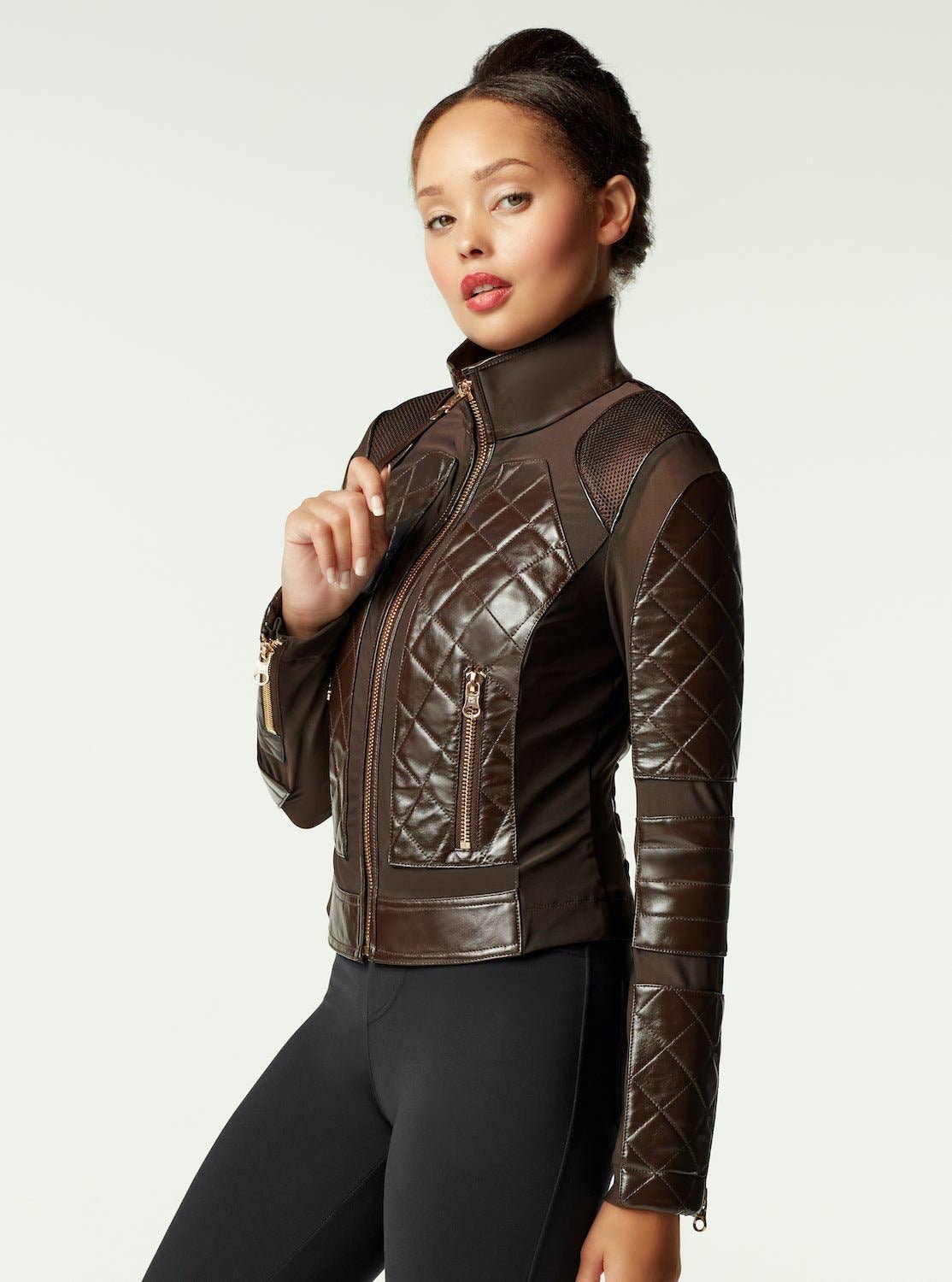 Leather Moto Mesh Jacket - Brown/Gold Trims