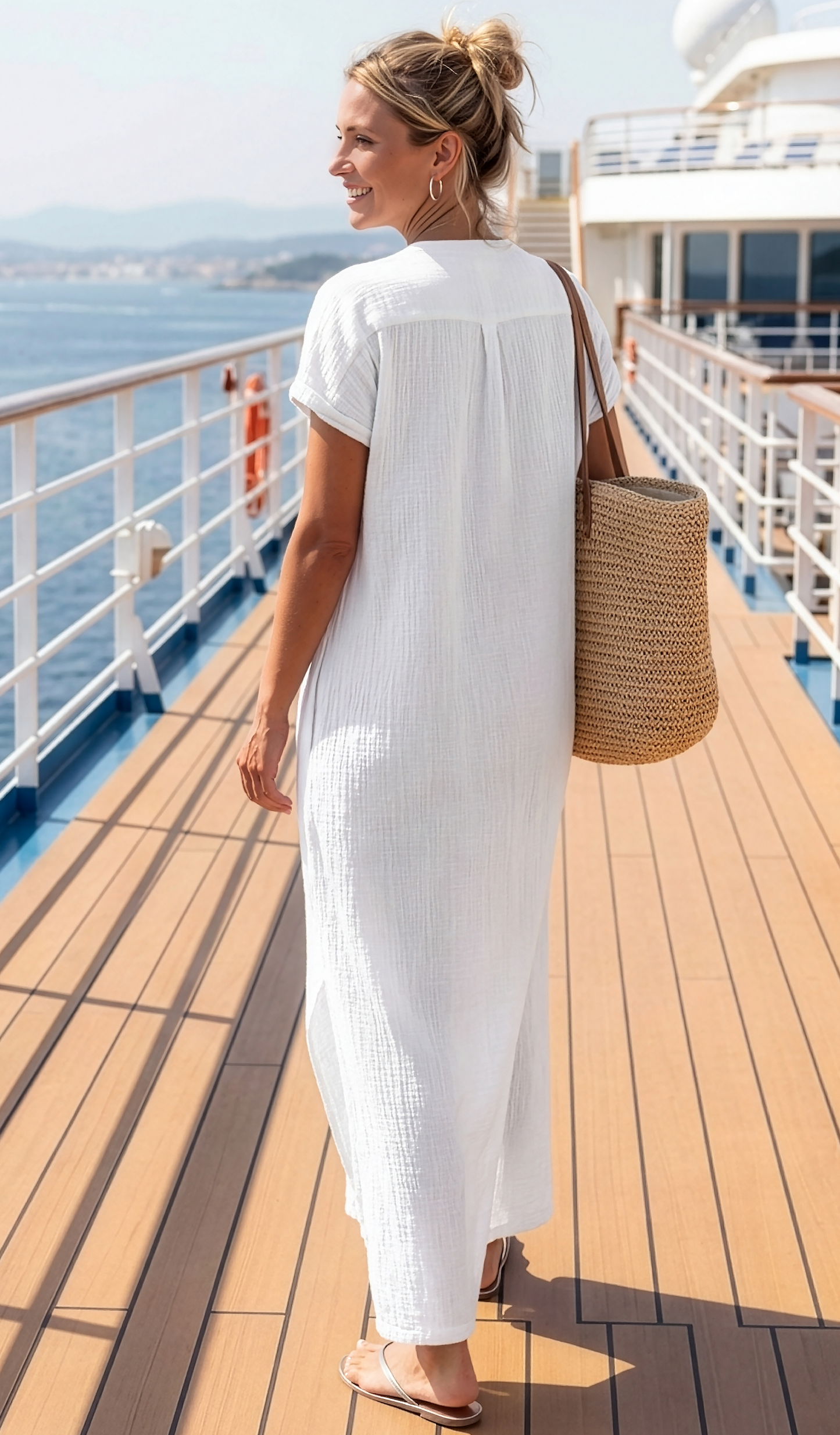 Stacey Caftan - White Cotton Bubble Gauze