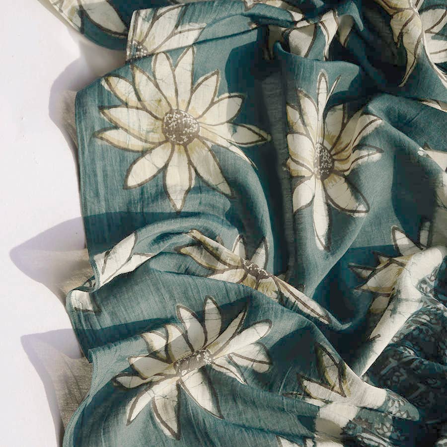 Handmade Block Print Green Cotton Silk Large Scarf | La Joie