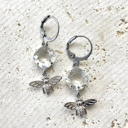 Silver bee earrings with clear crystal