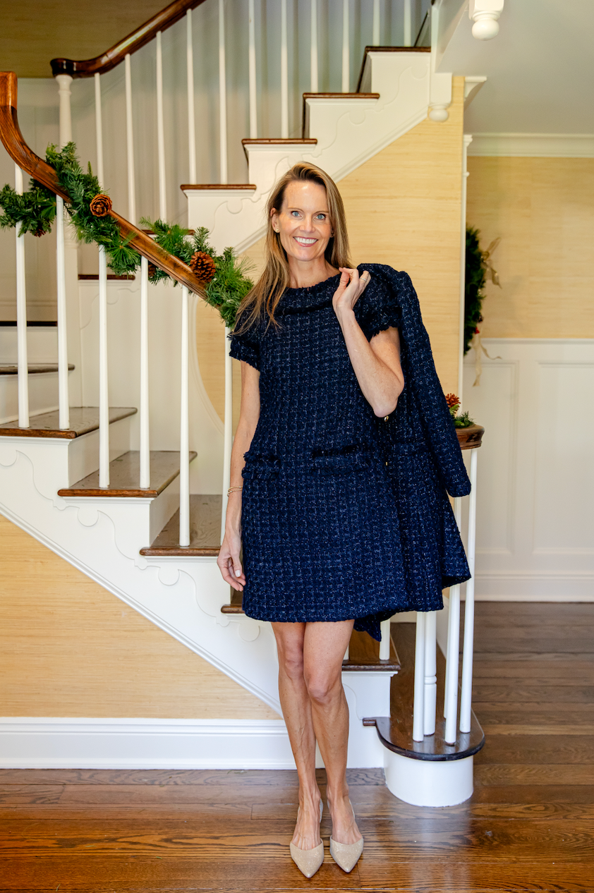 Navy Metallic Tweed Short Sleeve Shift Dress