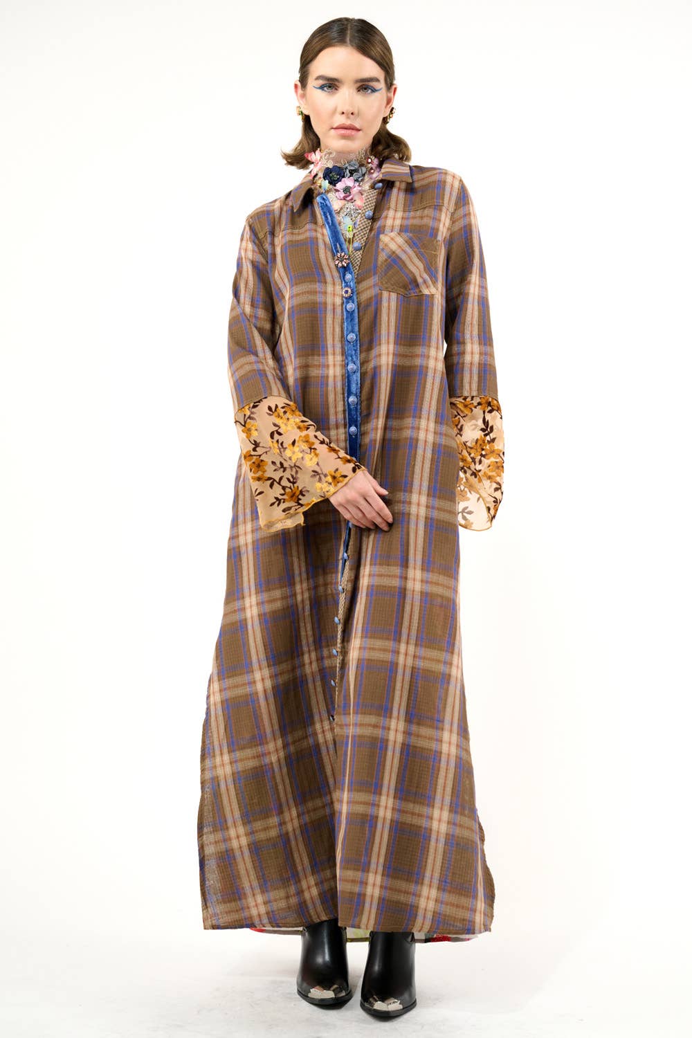 Anna Button Up Shirt Dress | Plaid Maxi | Peacock Print