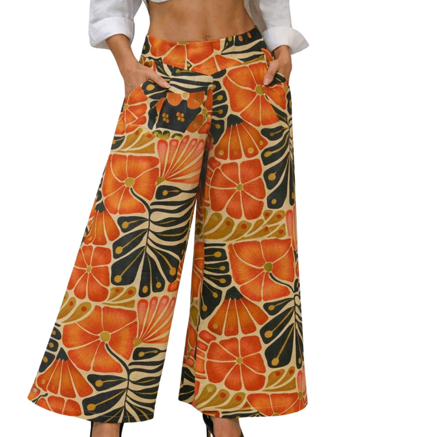 Rachel Linen Palazzo Pants – Flat Front – Artist Prints