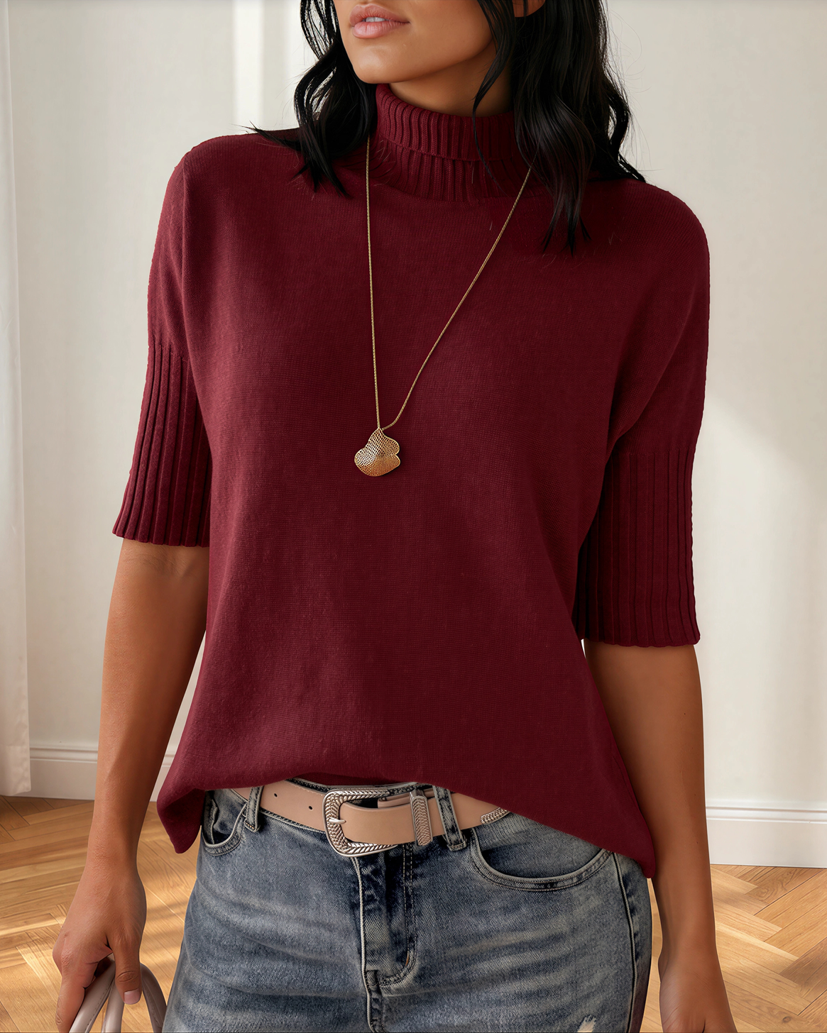 Raya High Neck Sweater | Short Sleeve Knit Top