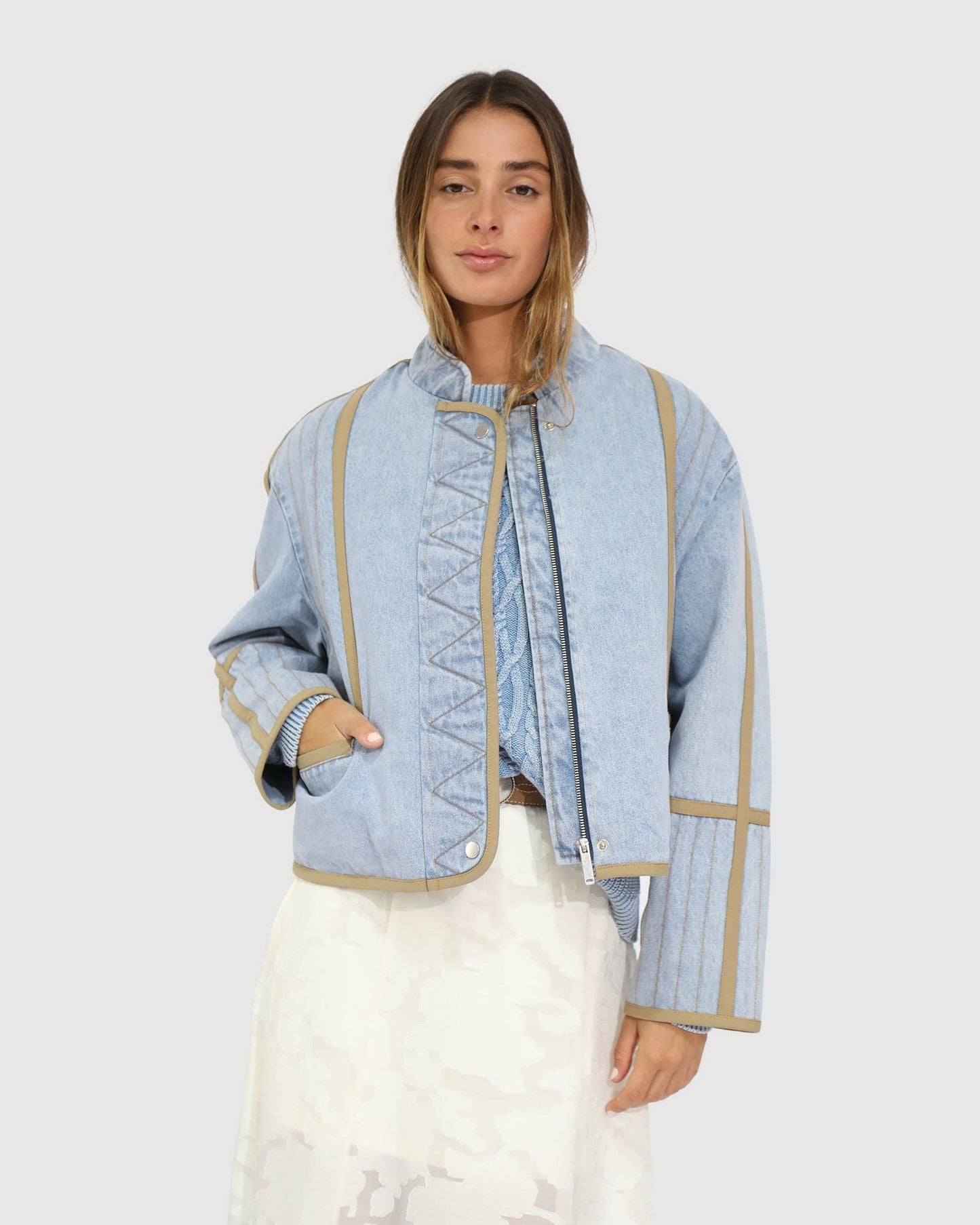Free And Forward Quilted Denim Jacket - Light Denim Wash