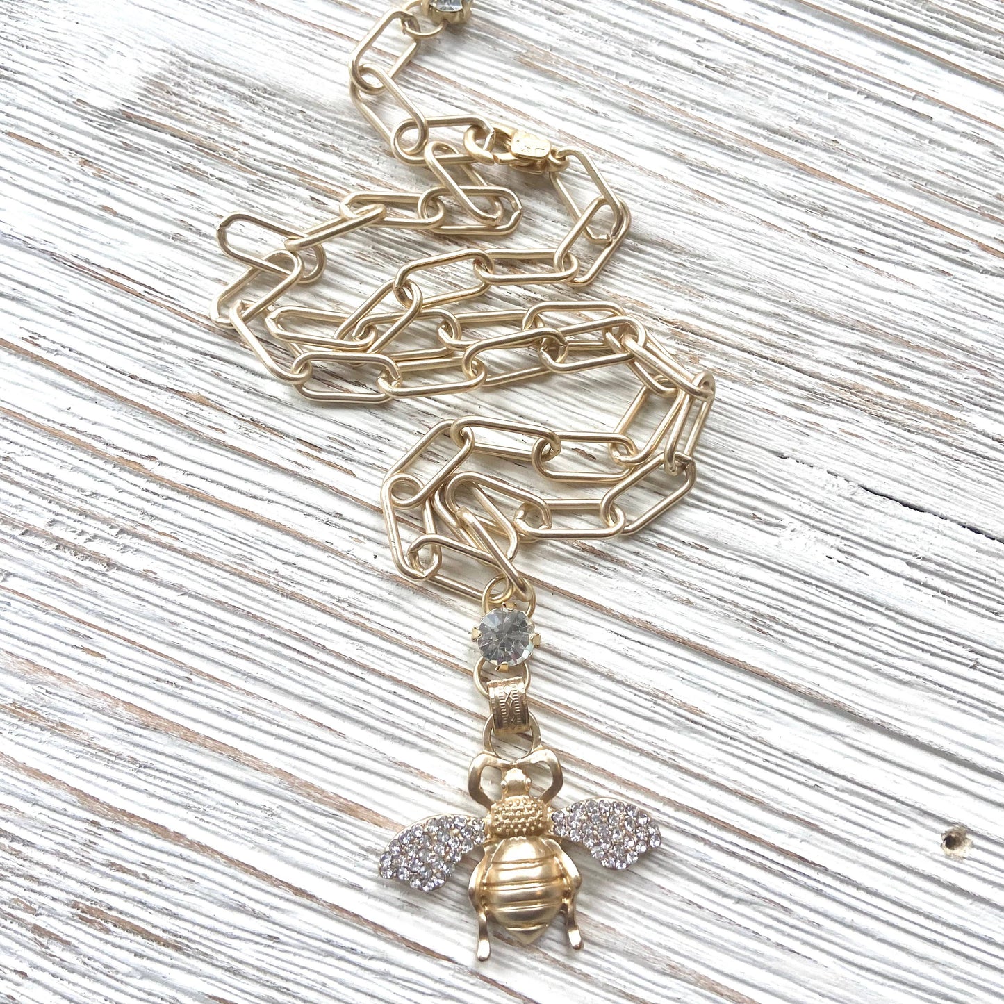 Bee Crystal Necklace - Matte Gold