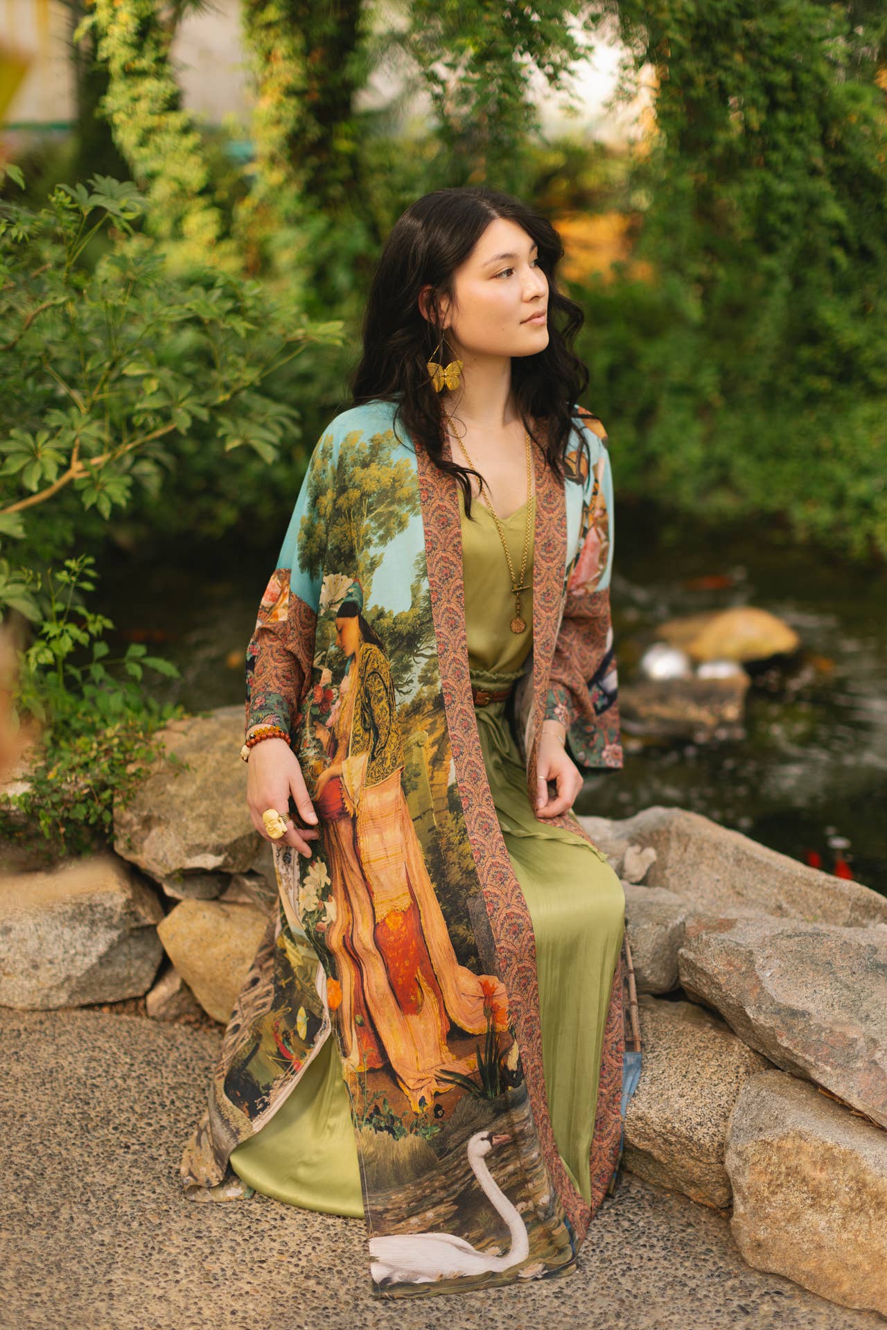 Secret Garden Opera Duster Kimono Robe w/ Swan, Fan