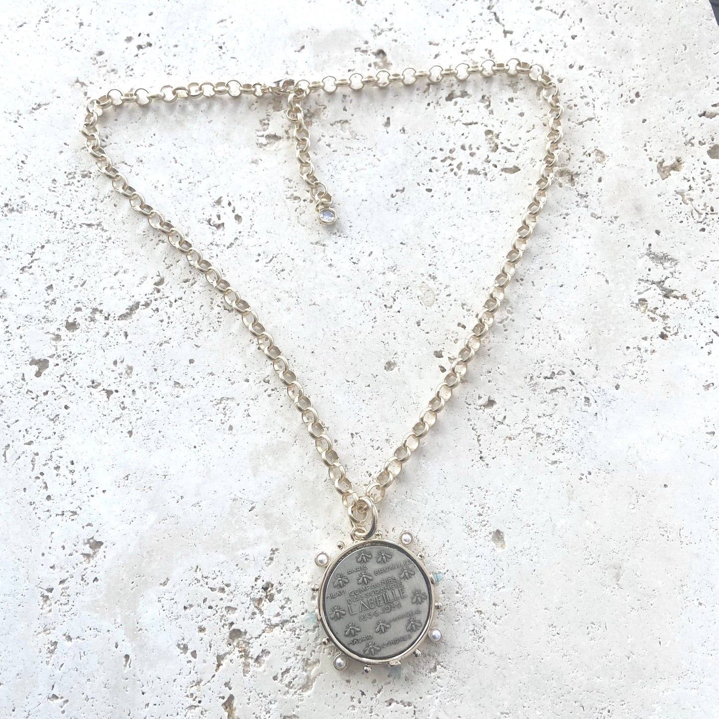 French Bee coin necklace matte gold jewelry handmade