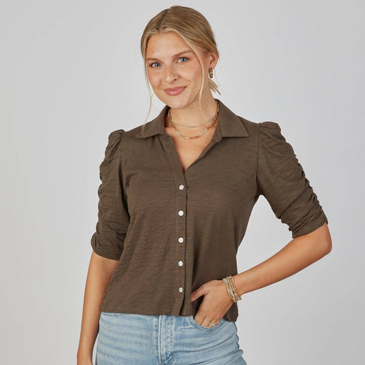 Grace Button-Up Elbow-Length Tee in Espresso Brown