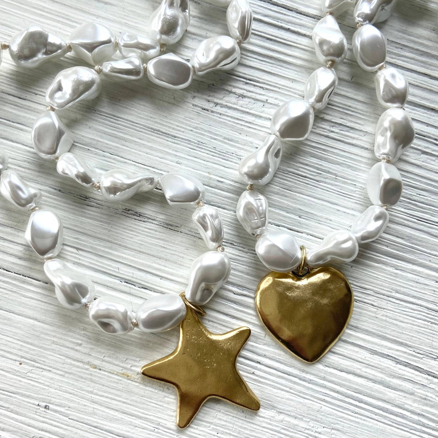 Luxe pearl strand necklace with hand casted heart or star