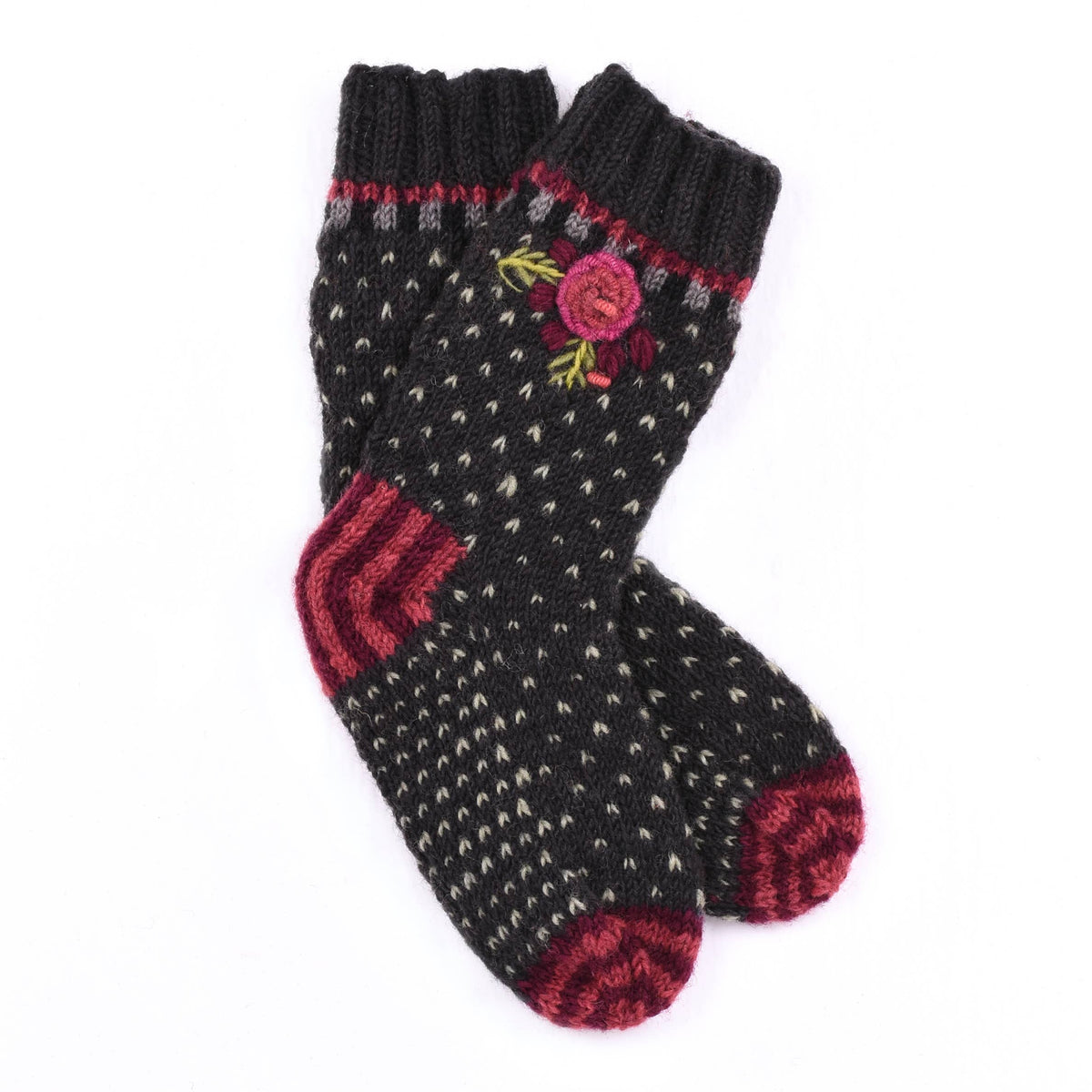 Aubrey Wool Socks Hand Knit With Embroidered Floral Detail