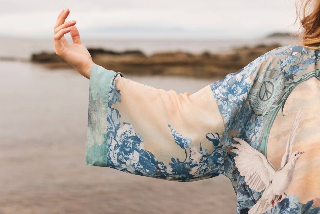 Peace Out Cropped Kimono Pixie Duster with Doves and Sunrise