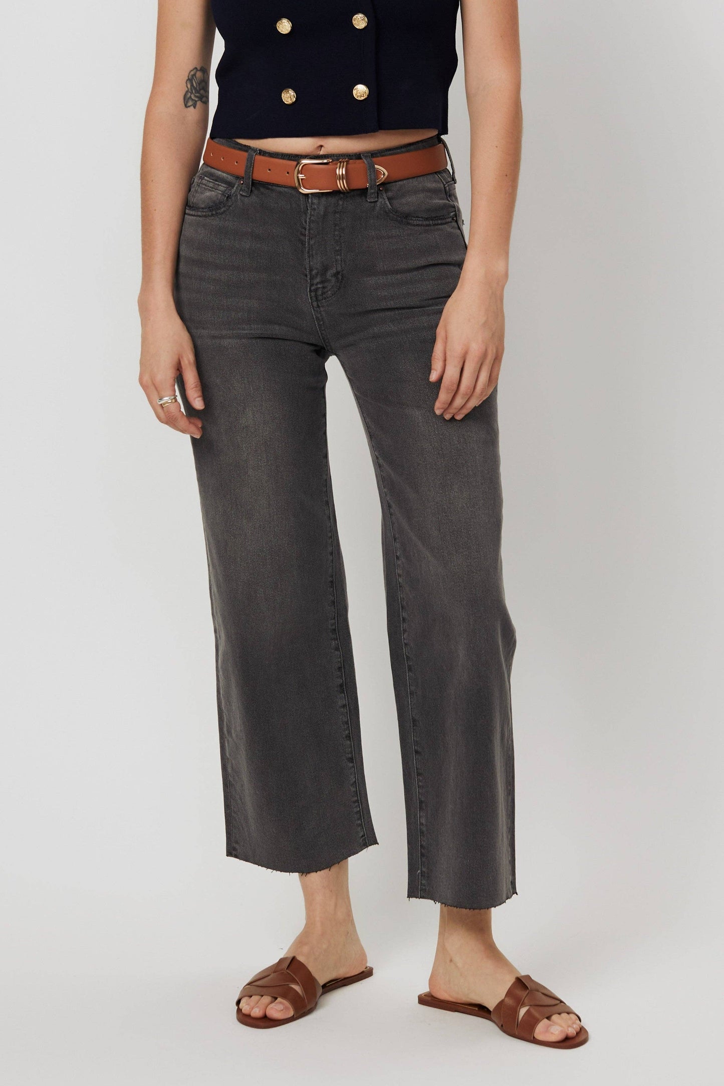 Aberdeen High Rise Wide Leg Crop Grey Worn